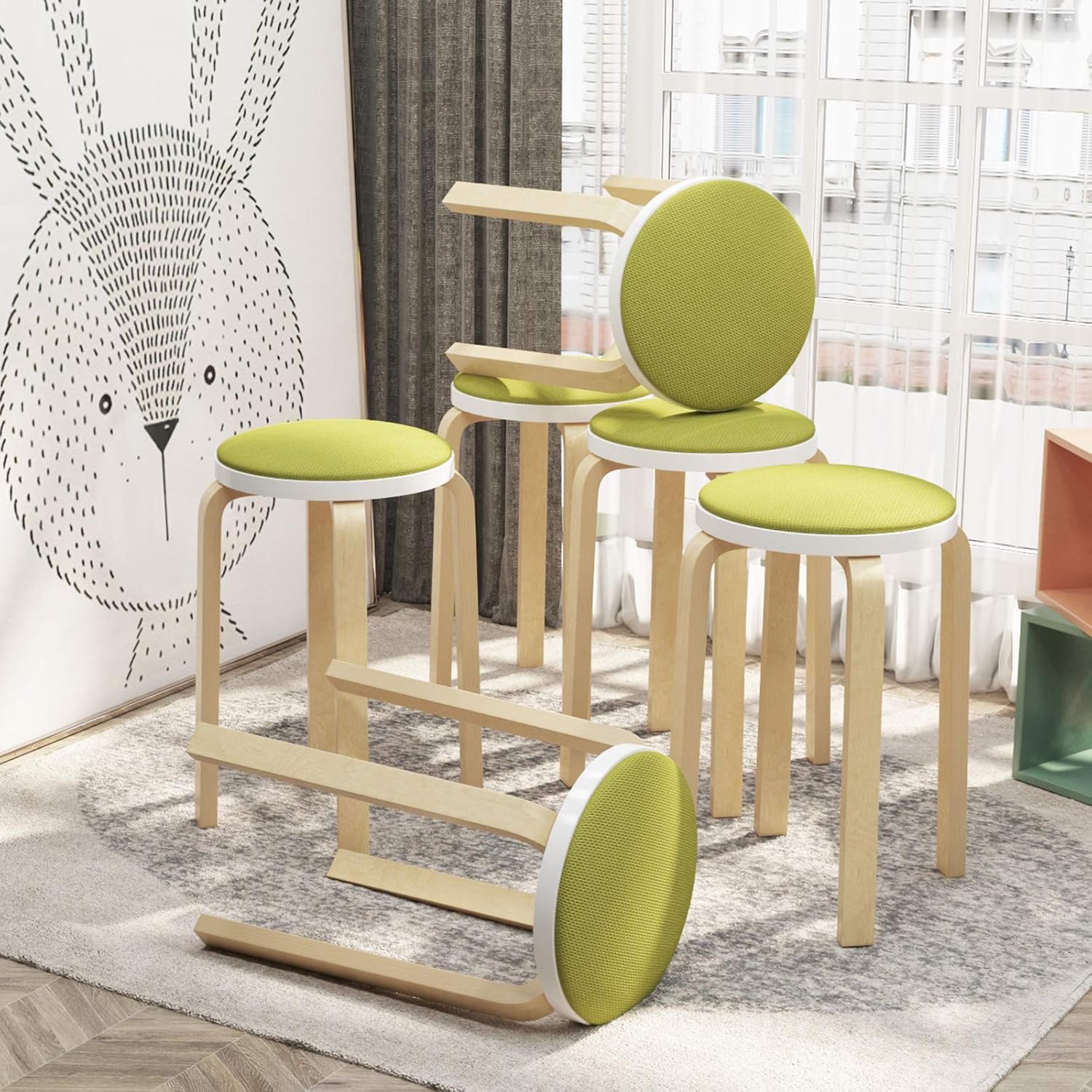 新品未使用正規品 Dlandhome スタッキングチェア スツール 椅子 おしゃれ 木製曲木チェア ドレッサーチェア ダイニングチェアー 丸椅子 木製 幅32 奥行32 高さ45cm グリーン Batesmartin Com