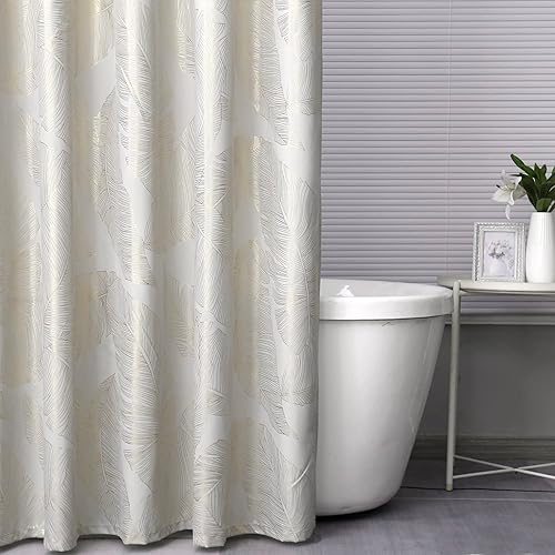 Miniatura 4 de Taisier Home Juego de cortinas de ducha con hojas doradas metálicas impresas en tela beige grisáceo, cortina de ducha con ojales, 72 pulgadas de