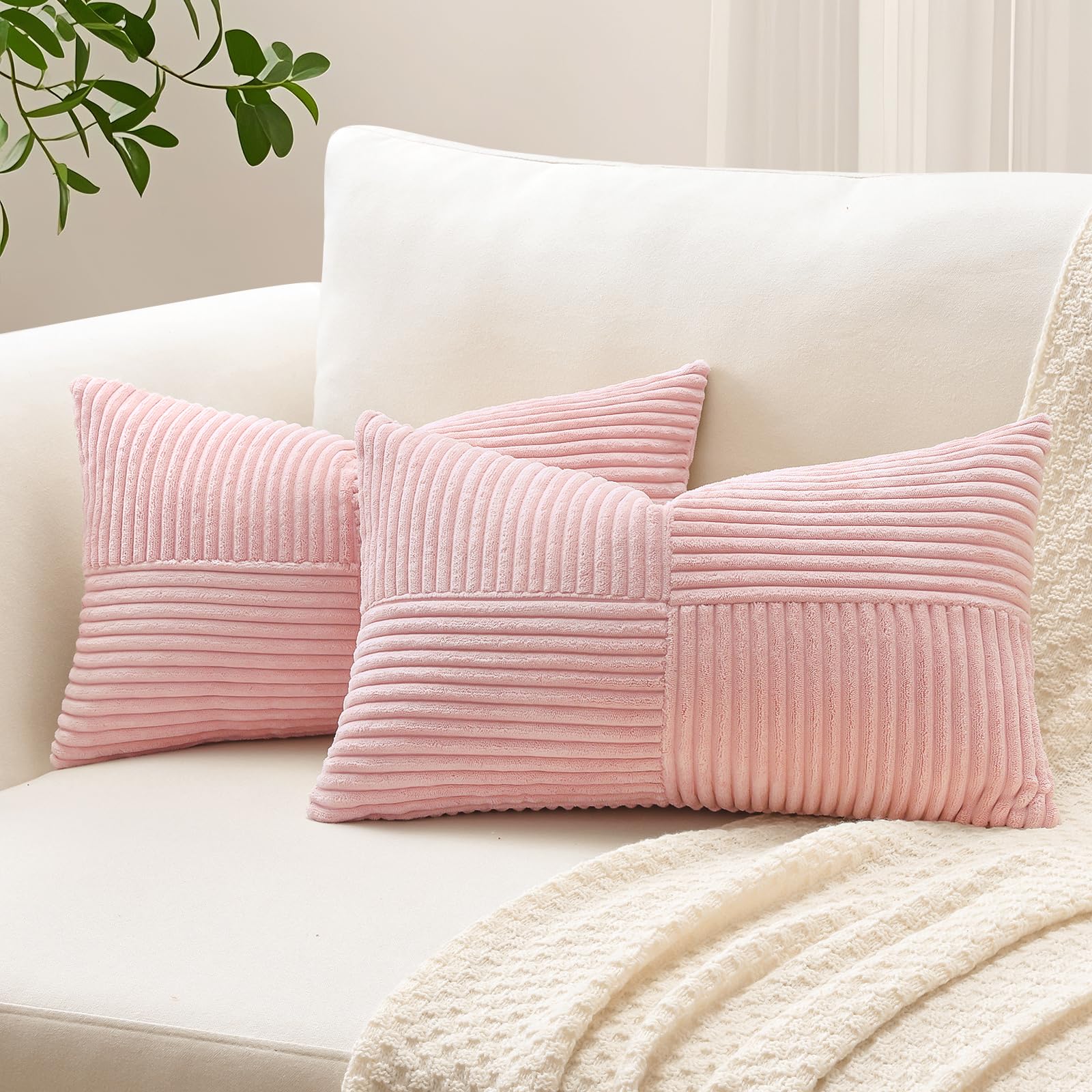 Sungeek Set of 2 Decorative Cushion Covers 30 x 50cm Soft Corduroy Striped Cross Patchwork Textured Pillow Covers Solid Lumbar Throw Pillow Cases for Sofa Bed Patio 12x20 Inch, Pink