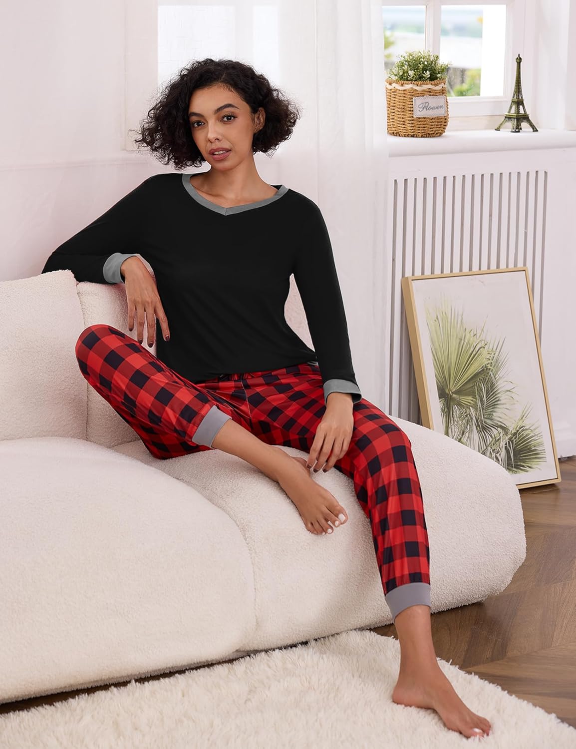 2 Pack Womens Pajama Sets Long Sleeve Sleepwear Matching Pjs Set V Neck Loungewear with Pockets S-XXL - Image 9