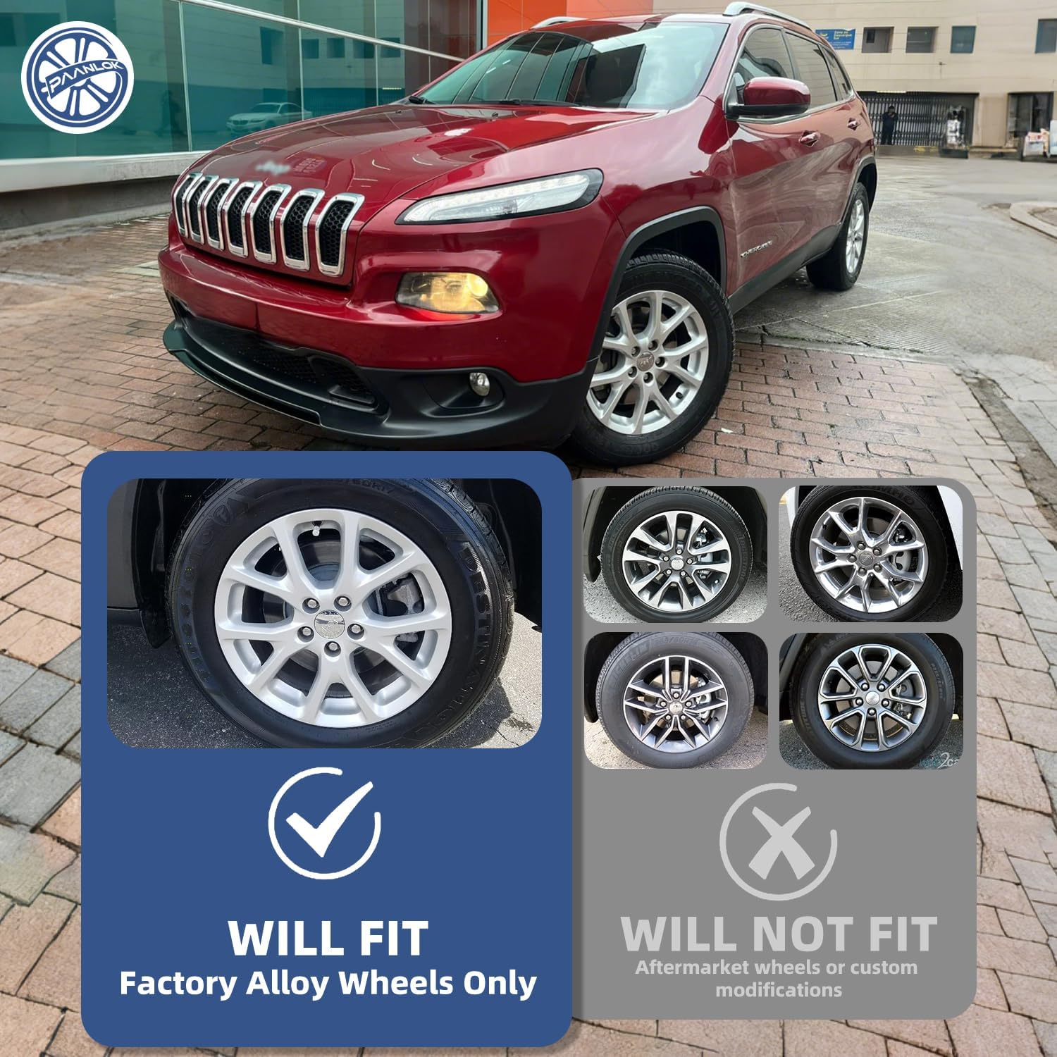 17 Inch Wheel Skins for 2014-2018 Jeep Cherokee, Fits OEM Alloy Wheel #1UT90GSAAA / #1UT90DD5AA, Gloss Black Snap-On Wheel Covers 4-Pack