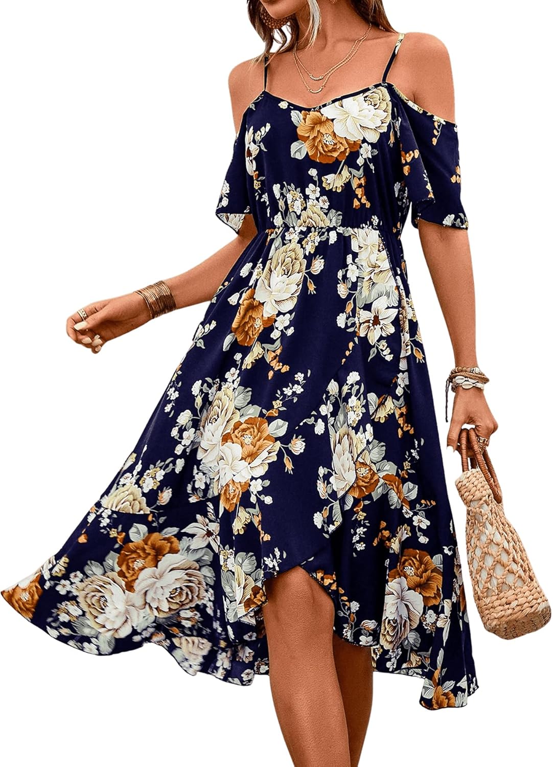 SweatyRocks Women's Floral Print Short Sleeve Cold Shoulder Dress Asymmetrical High Low Ruffle Midi Dresses