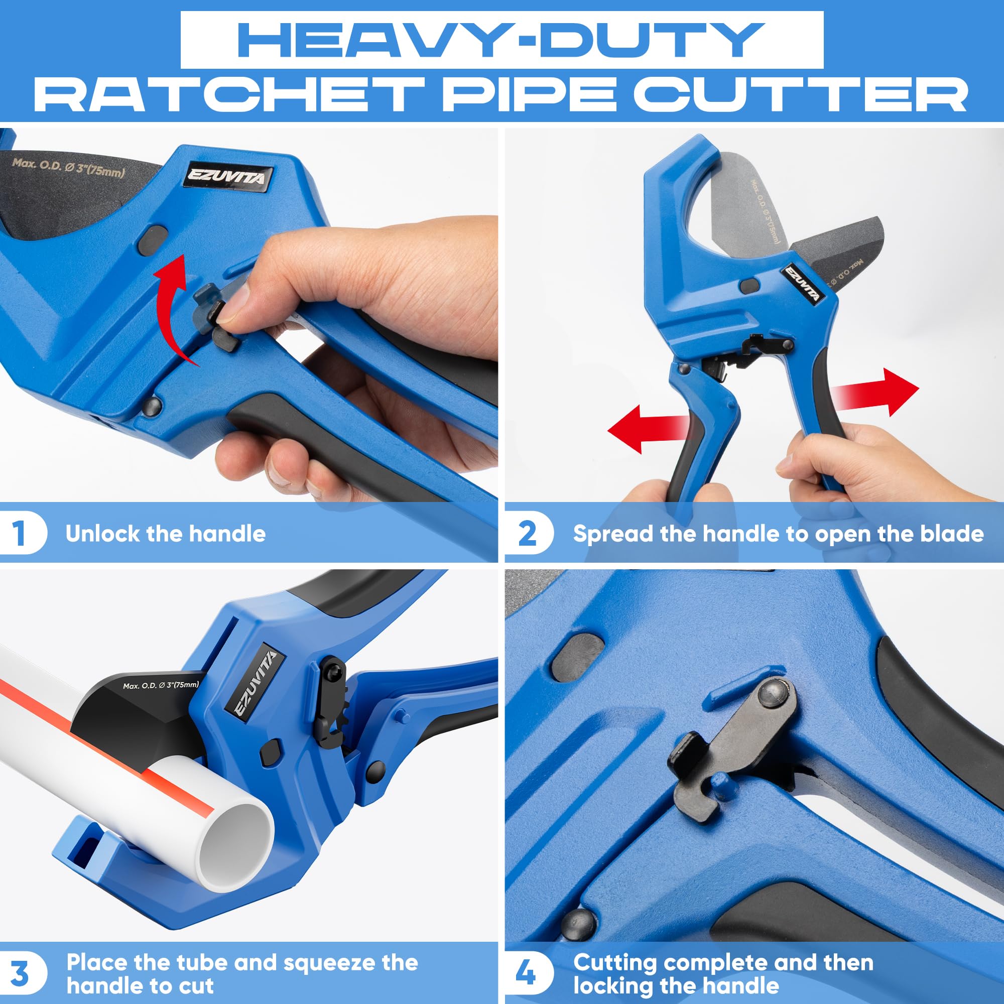 Cortador de tubos de PVC con trinquete, corta hasta 3 pulgadas, herramienta de corte de tubos de trinquete de aluminio resistente para manguera PEX, PVC, CPVC, PE, PP, ABS y goma, adecuado
