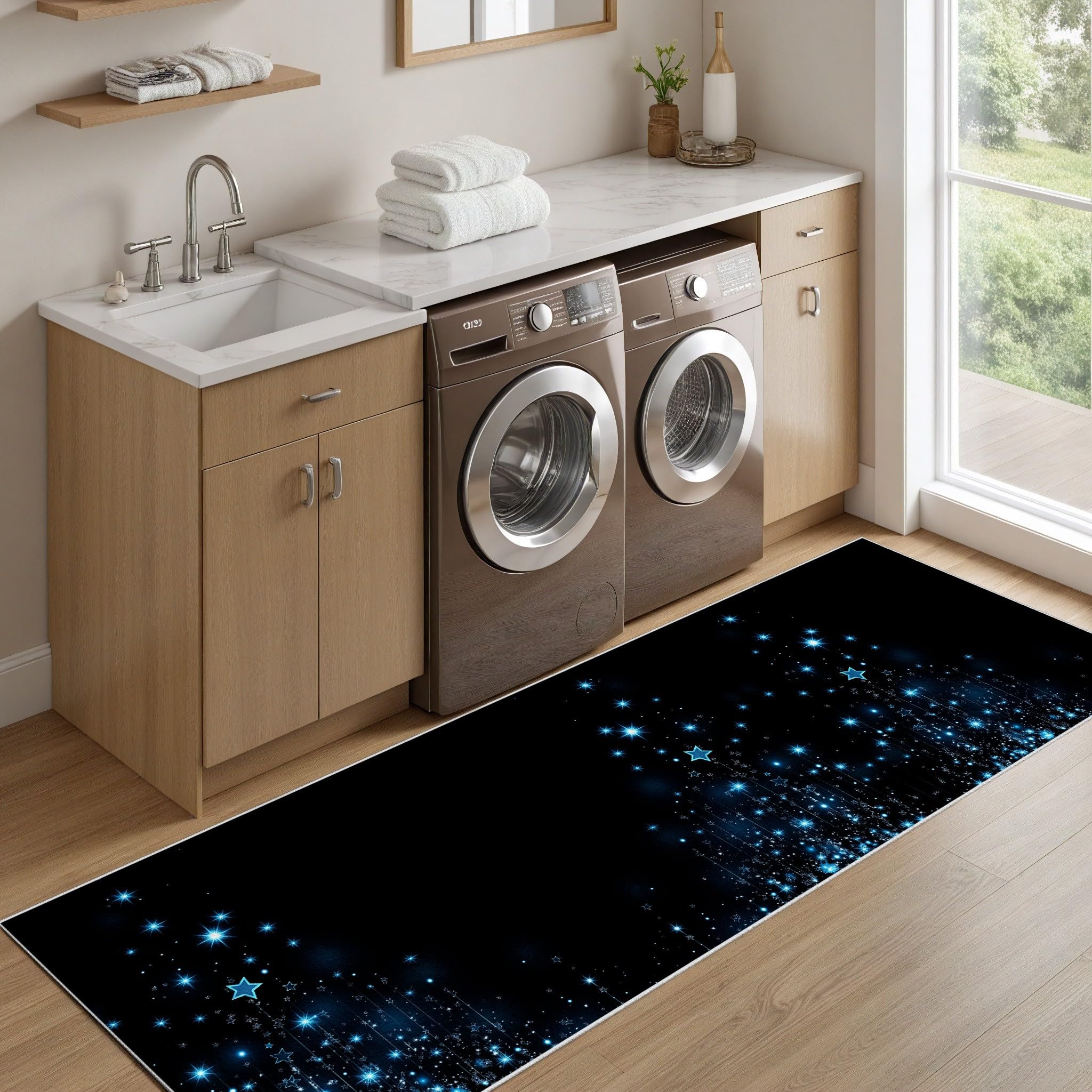 Teppich Läufer Flur Weltraum Stern Lang Waschbar und rutschfest Galaxy Sternenhimmel Küchenläufer Universum Nebel Flurteppich für Küche & Eingangsbereich 60x150 cm
