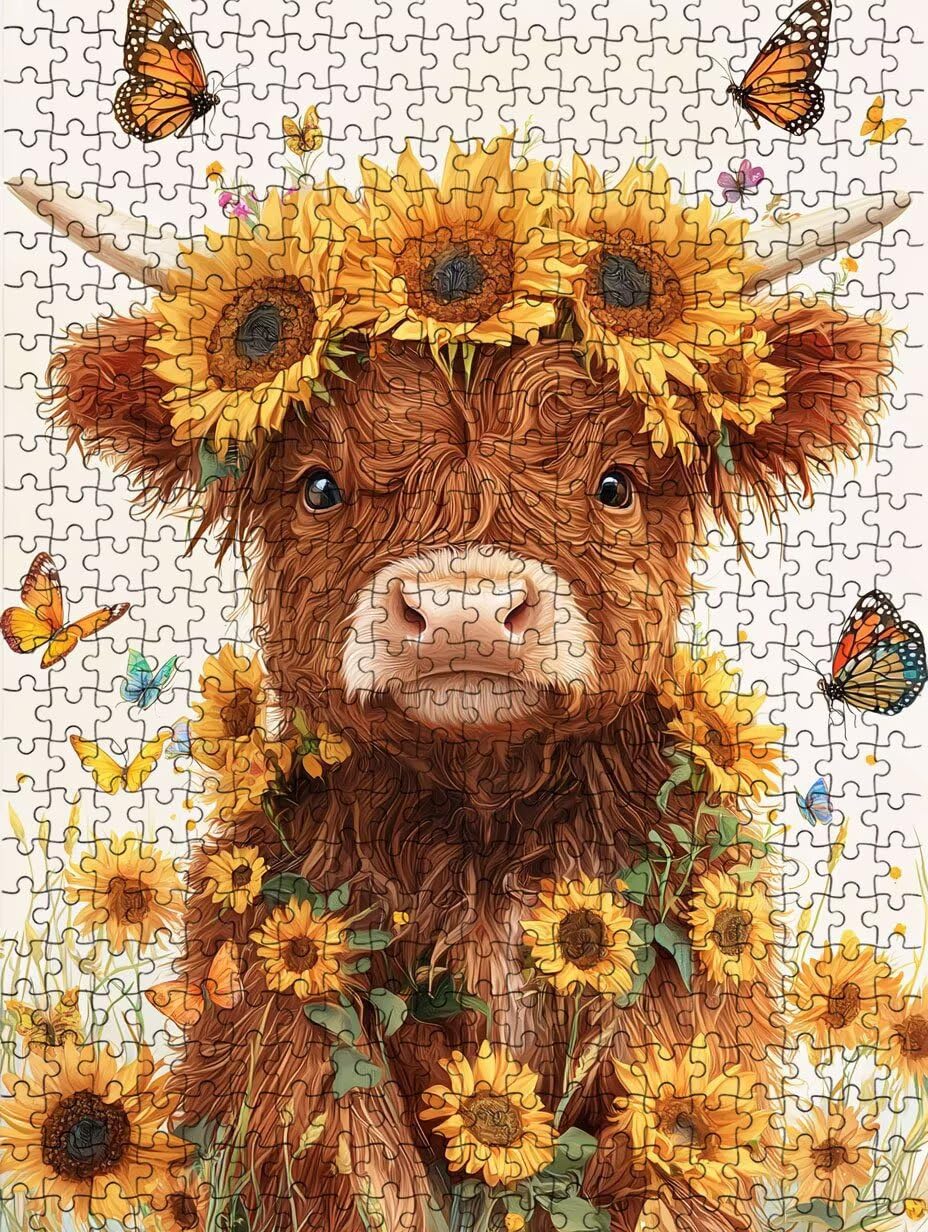 Puzzle 1000 elementów, Sunflower Highland Krowa Puzzle dla dorosłych 1000, niemożliwe klasyczne układanki, drewniane układanki, gra rodzinna, do gry edukacyjnej wyzwanie, dekoracja prezent BXHZW5-921