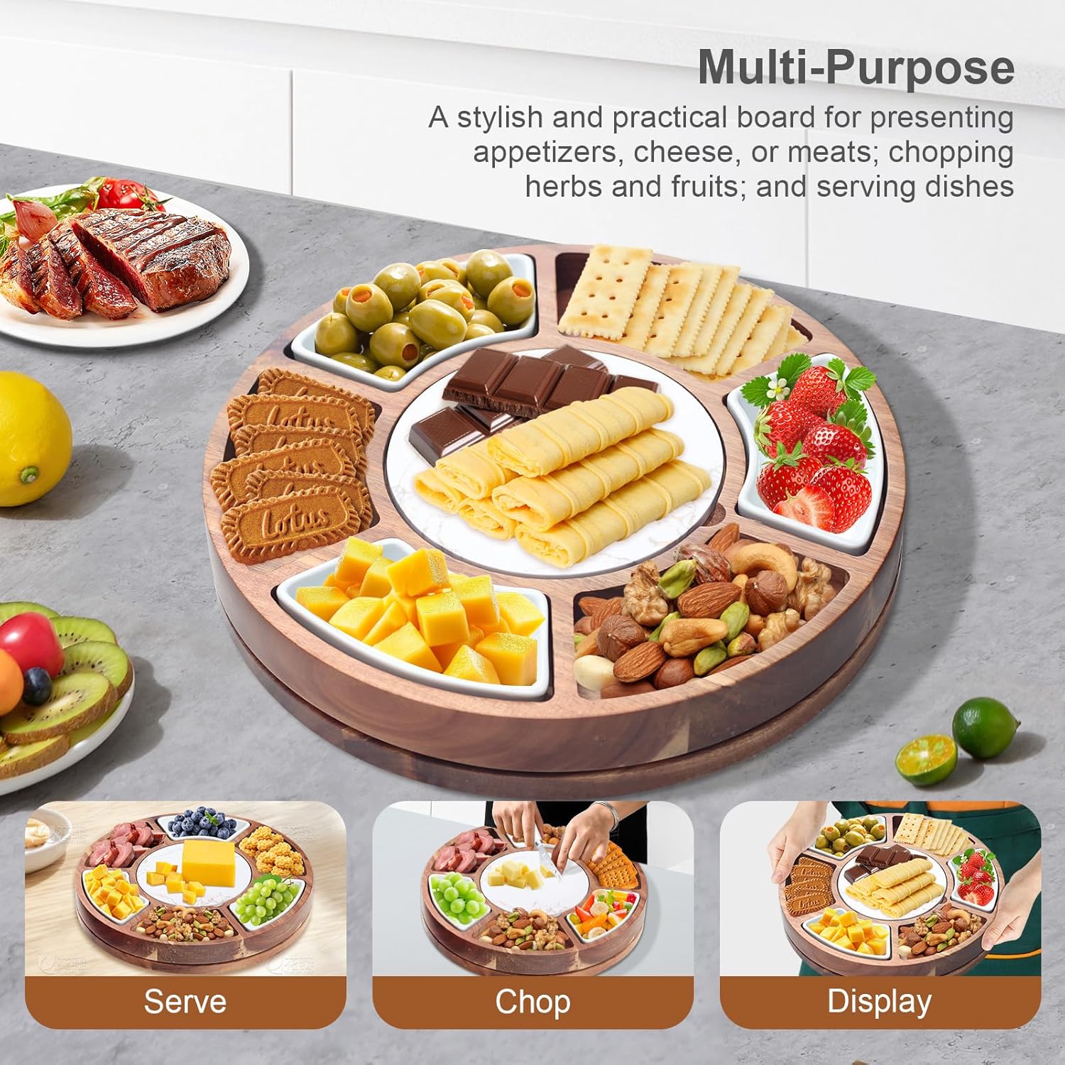 360° Rotating Lazy Susan Cheese & Charcuterie Board Set - 13.5" Acacia with Built-in Slate Chiller, 3 Ceramic Bowls & 2 Cheese Knives - Housewarming, Birthday & Wedding Gift