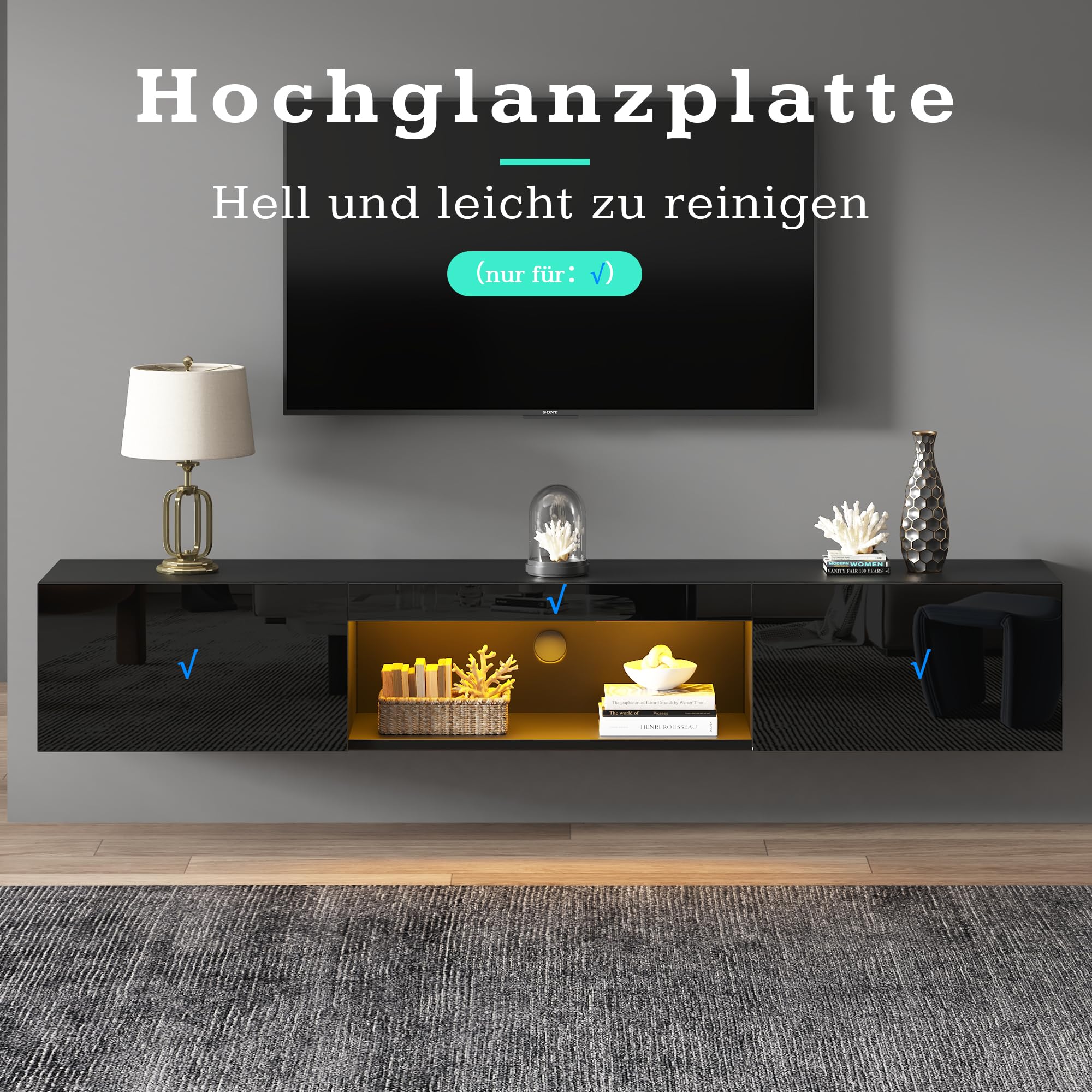 Szafka pod telewizor o przekątnej 70", wisząca szafka pod telewizor z oświetleniem LED i sterowaniem za pomocą aplikacji, czarna, wysoki połysk, 160 cm, miejsce do przechowywania, zarządzanie