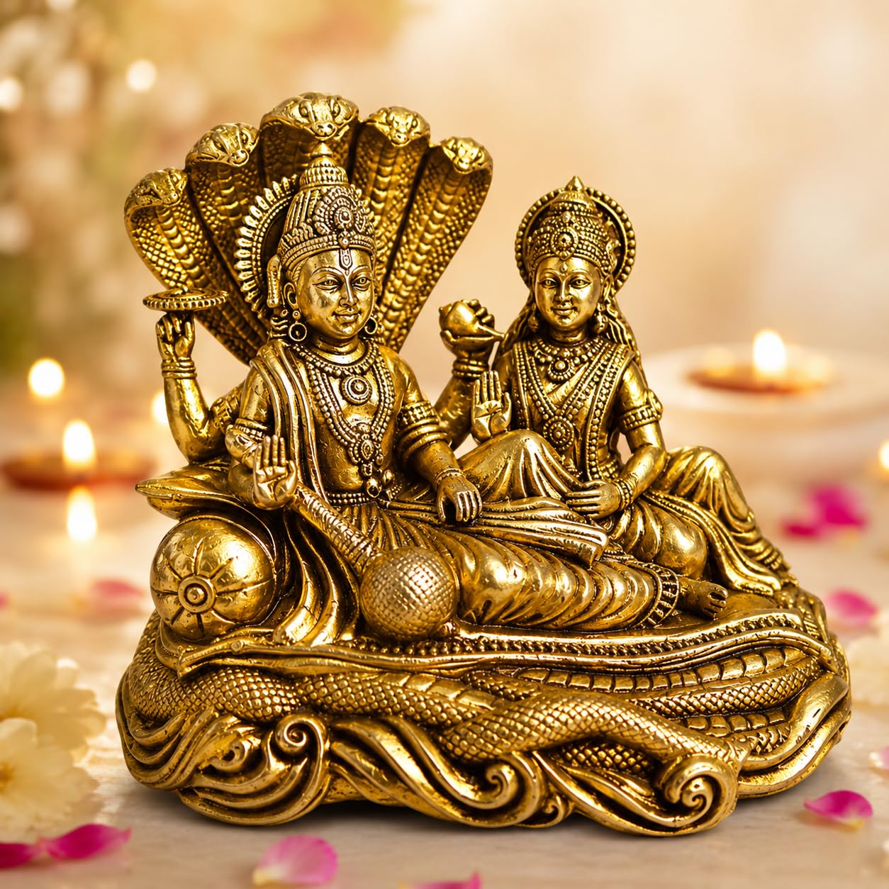 Pure Brass Lakshmi Vishnu Idol on Sheshnaag (2.75 Inch, 220g) | Handcrafted Lakshmi Narayan Murti for Home Temple, Pooja Room, Mandir, Vastu Décor, Diwali & Housewarming Gift-image-41