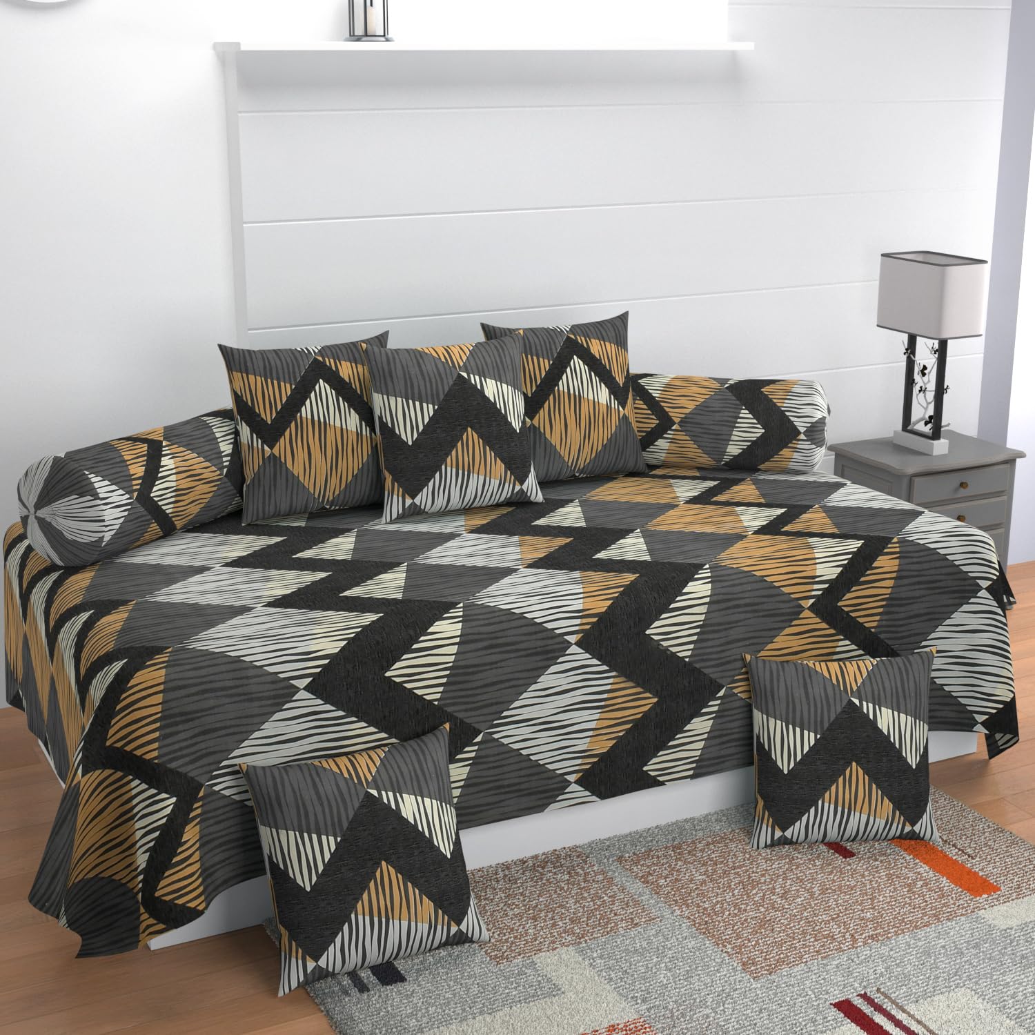 MANIQATEX Geometric Print Diwan Set with 5 Cushions and 2 Bolsters, Grey Black Gold Pattern-image-11