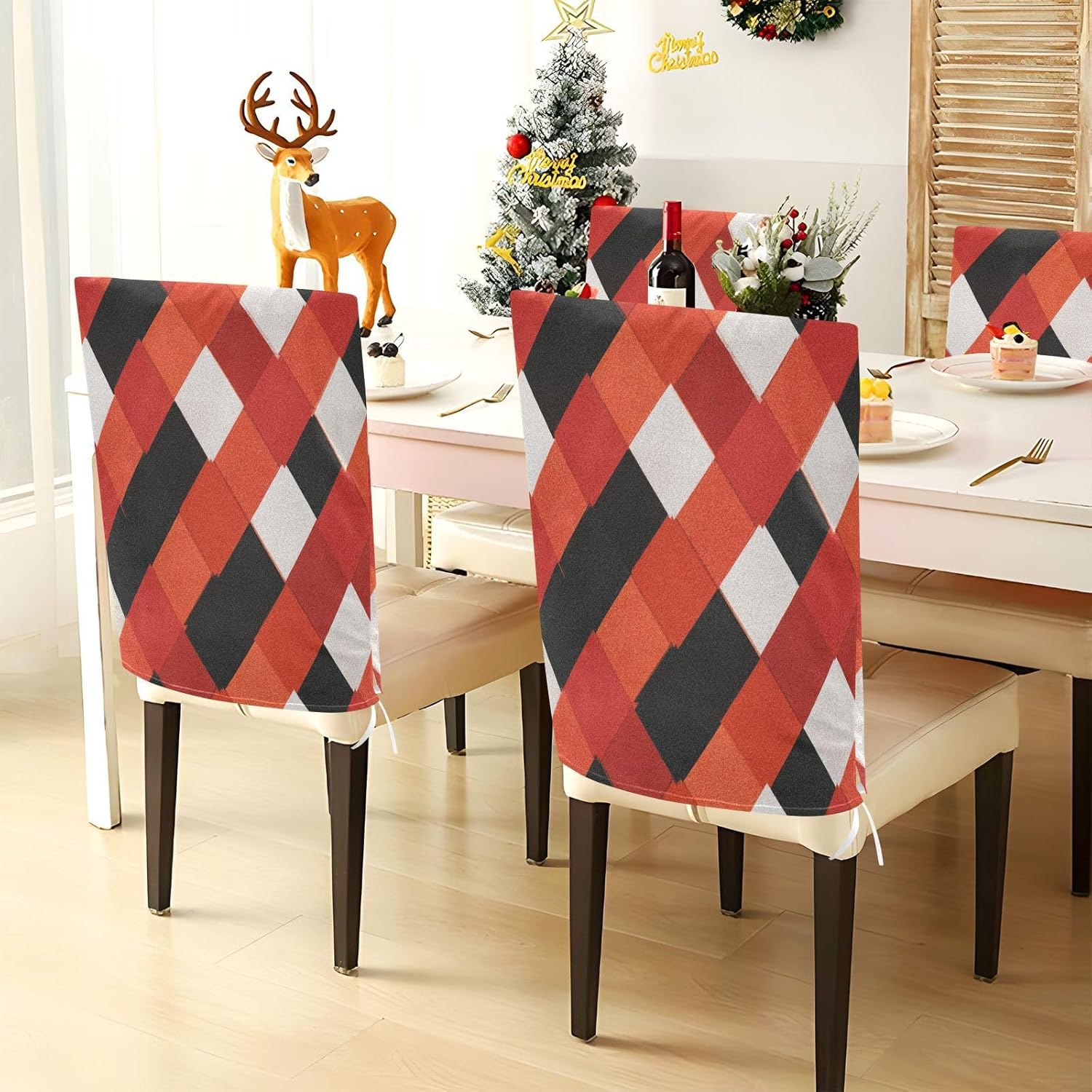 ALAZA Red White Black Plaid Chair Back Cover Set of 6, Washable Reusable Removable Chair Slipcovers Decorative Chair Cover for Home Kitchen Wedding Party