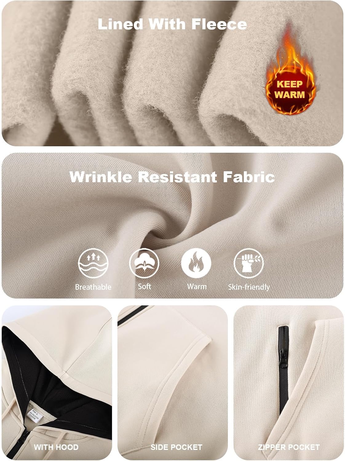 Mens Fleece Hooded Sweatshirt Winter Full Zip Jackets Long Sleeve Outerwear with Multi Pockets - Image 6