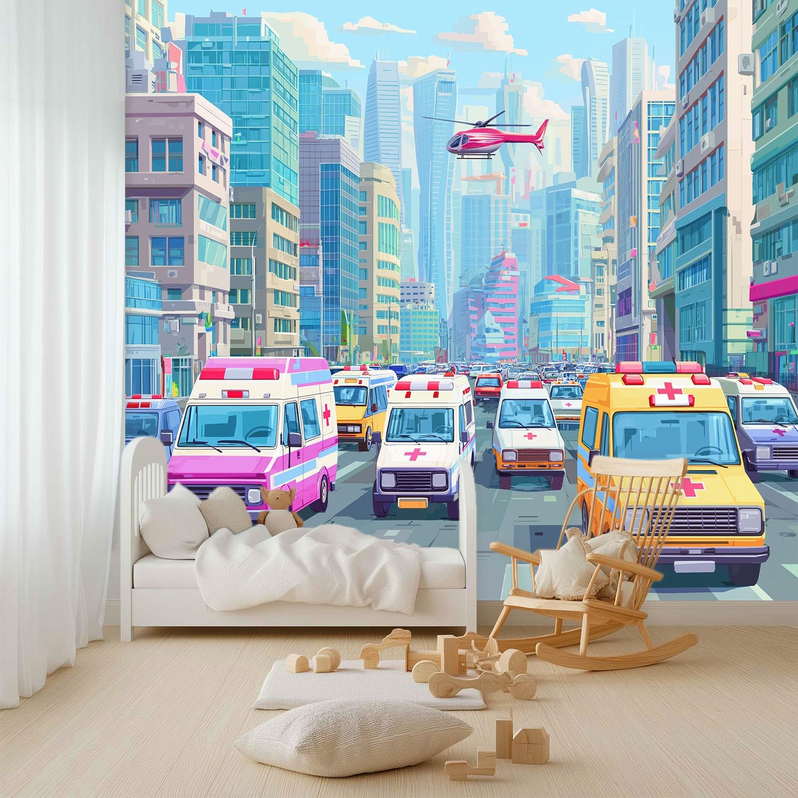 Fototapeta 3D 200 x 140 cm - wielokolorowa włóknina tapeta ścienna do salonu i telewizora biura - dekoracja XXL niesamoprzylepna kreskówka śmigłowiec pojazdów ratowniczych
