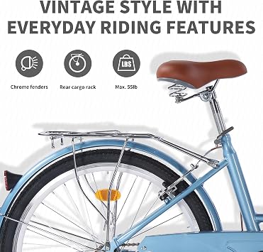 Hybrid Bikes for Women, 24/26 inch Adult Bicycles Lightweight Hi-Ten Steel Frame Road Bike Single Speed with Rear Rack and Basket, Commuter City Bike, Comfort Lady Bicycle, Vintage Adult Bike