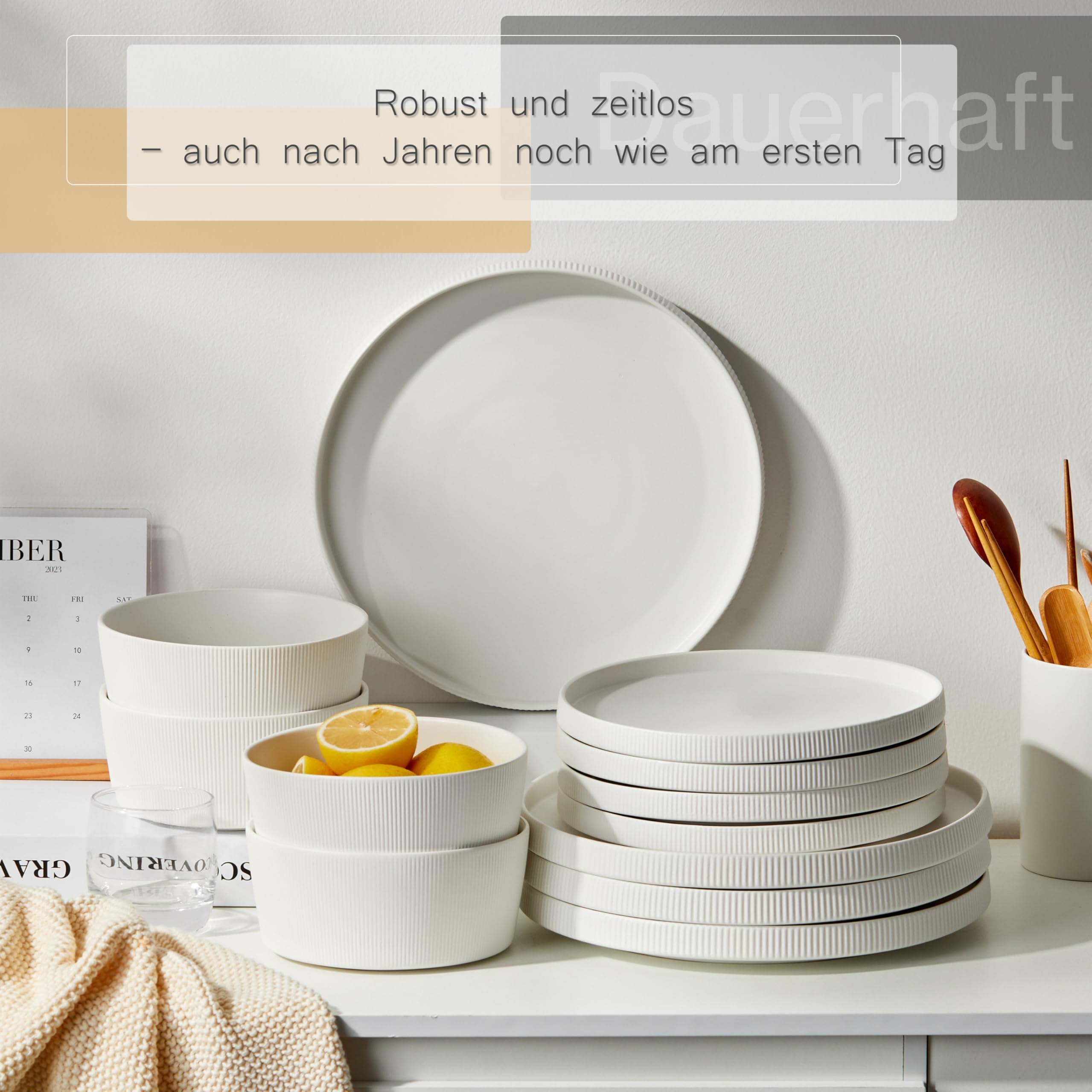 Jiwoo Geschirrset & Tafelservice 12 tlg für 4 Personen Bone China | Modern Bone China – 4 Speiseteller, 4 Dessertteller & 4 Schüsseln, leicht, robust, mikrowellen- & spülmaschinengeeignet
