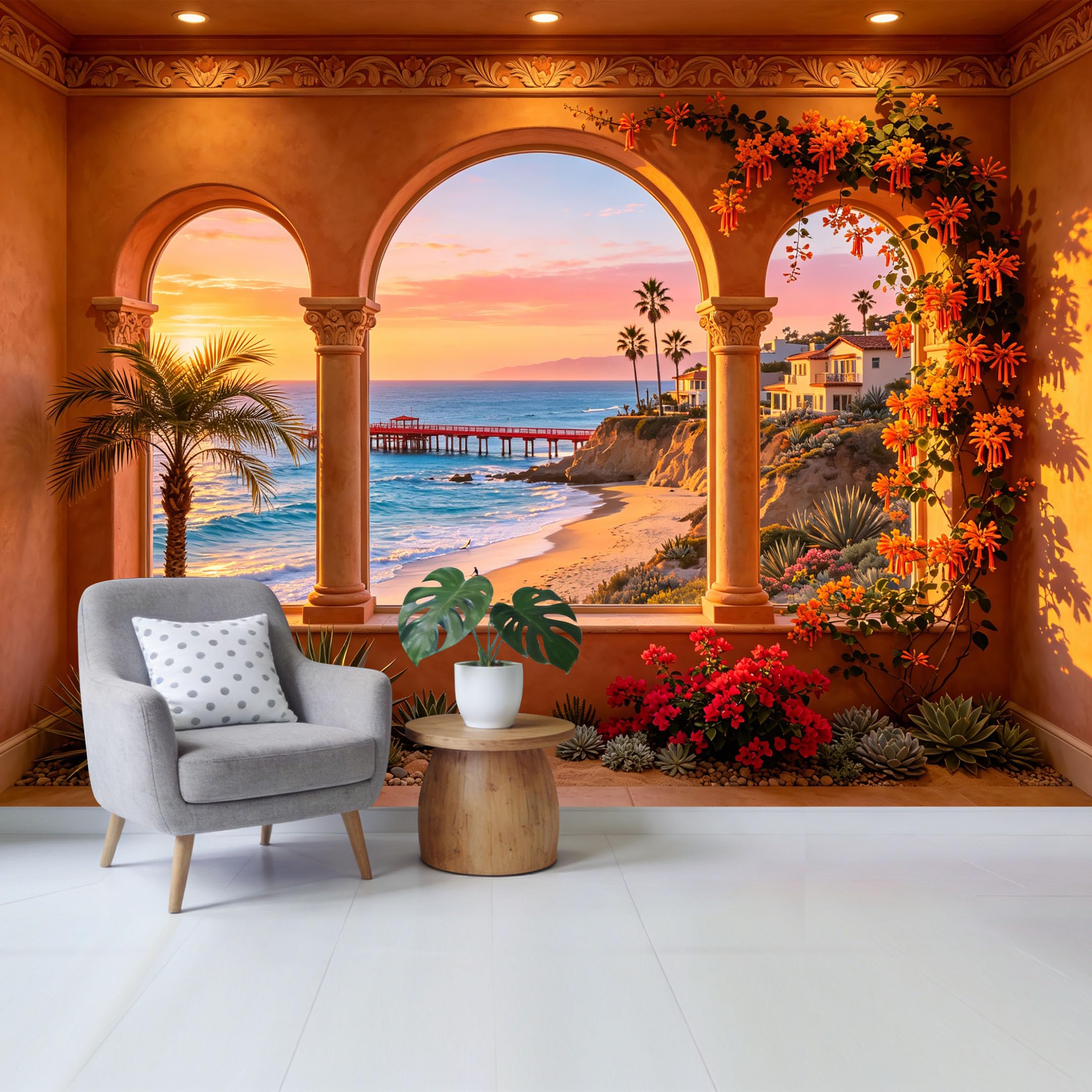 Removable Self Adhesive Fabric Mural， Coastal Mediterranean Sunset Ocean View Custom Size Wall Covering， UV Protected Waterproof Washable Wall Decor for Living Room Bedroom Bathroom
