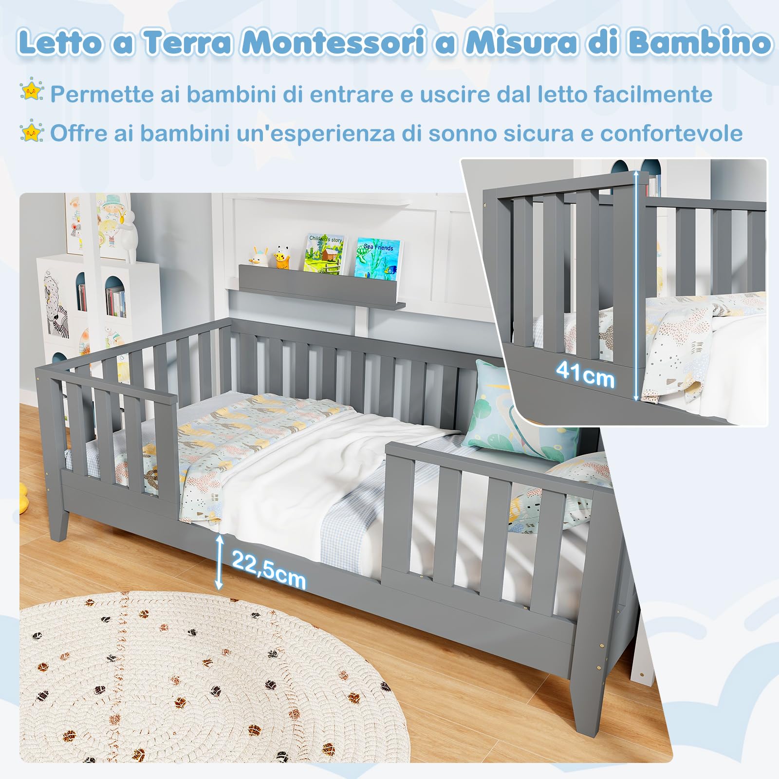 GYMAX Struttura Letto per Bambini, Carico 180 kg, Letto Singolo Montessori a Terra con Recinzione, 18 Doghe in Legno e 2 Mensole di Stoccaggio, Letto a Piattaforma in Stile Casetta, 206 x 97 x 192 cm