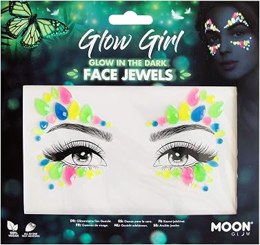 Glow in the Dark Face Jewels by Moon Glow - Festival Face Body Gems, Crystal Make up Eye Glitter Stickers, Temporary Tattoo Jewels Glow Girl
