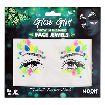 Glow in the Dark Face Jewels by Moon Glow - Festival Face Body Gems, Crystal Make up Eye Glitter Stickers, Temporary Tattoo Jewels Glow Girl