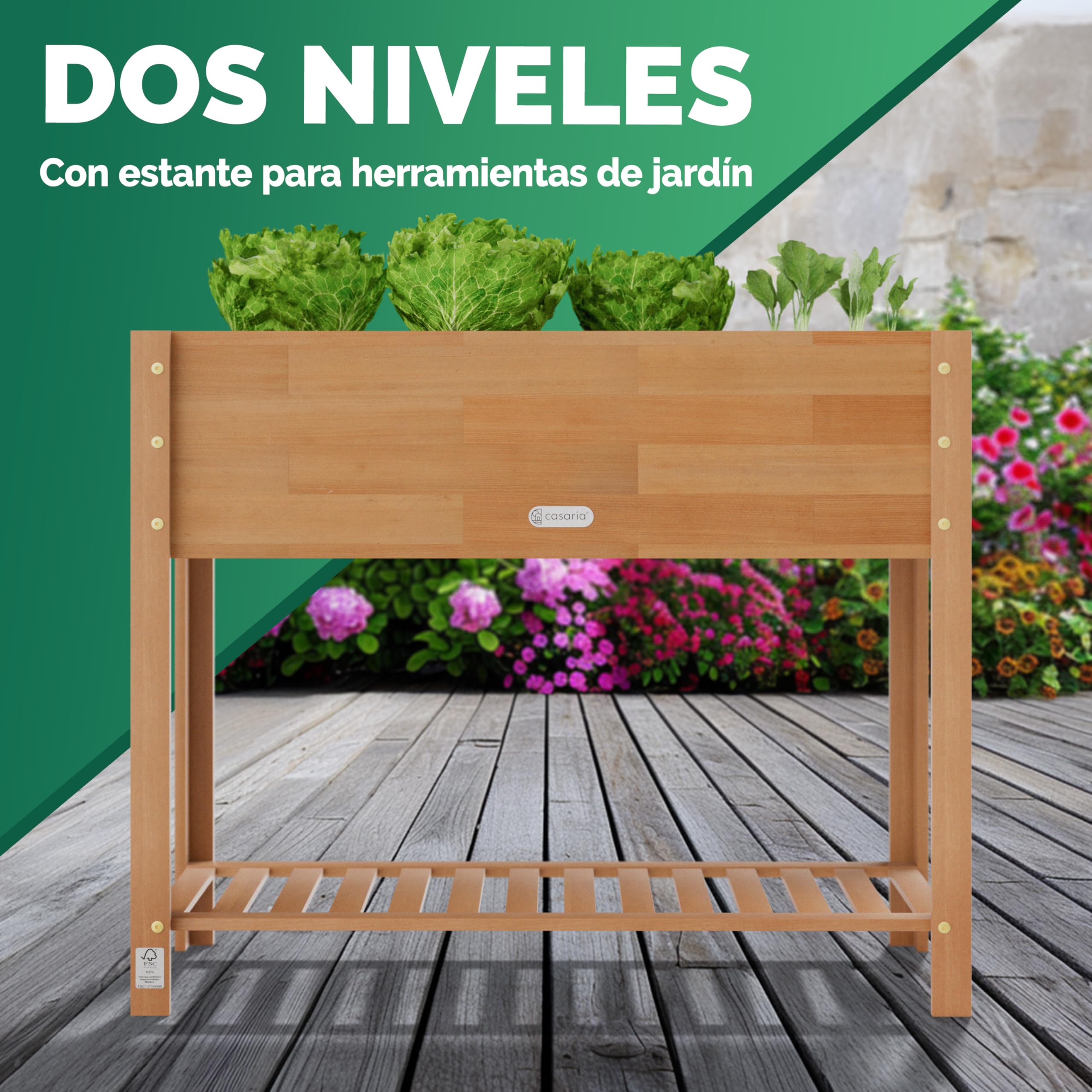 CASARIA® Huerto Elevado Jardinera 100x40x84cm Mesa Cultivo Plantas Hierbas Madera Acacia Cert. FSC® Resistente