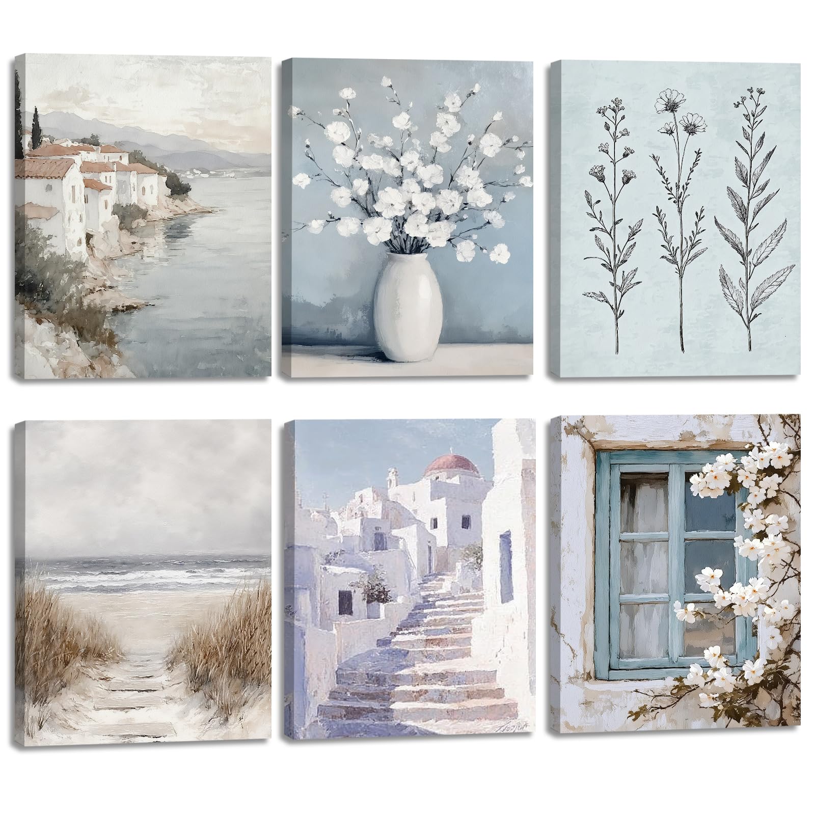 ANHUIB 6pcs Landscape Wall Art Botanical Flowers Wall Printing Mediterranean Street View Wall Canvas Prints Vintage Cityscape Framed Wall Art Natural Cityscape Artwork for Living Room Bedroom 20×25cm