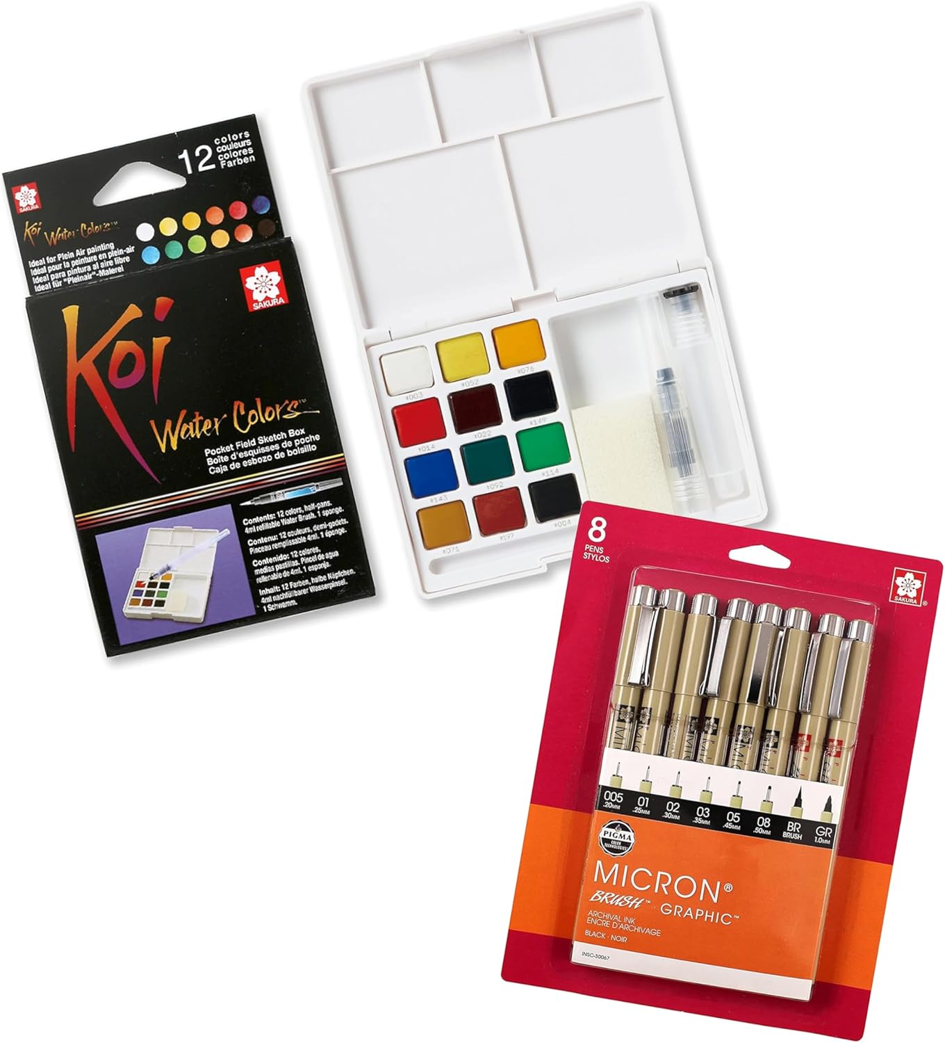 SAKURA Koi Pocket Field Sketch Kit - Watercolor Sets - 12 Colors - 1 Brush - 1 Sponge - 1 Palette & Pigma Micron Fineliner Pens - Black Ink - Assorted Point Sizes - 8 Pack