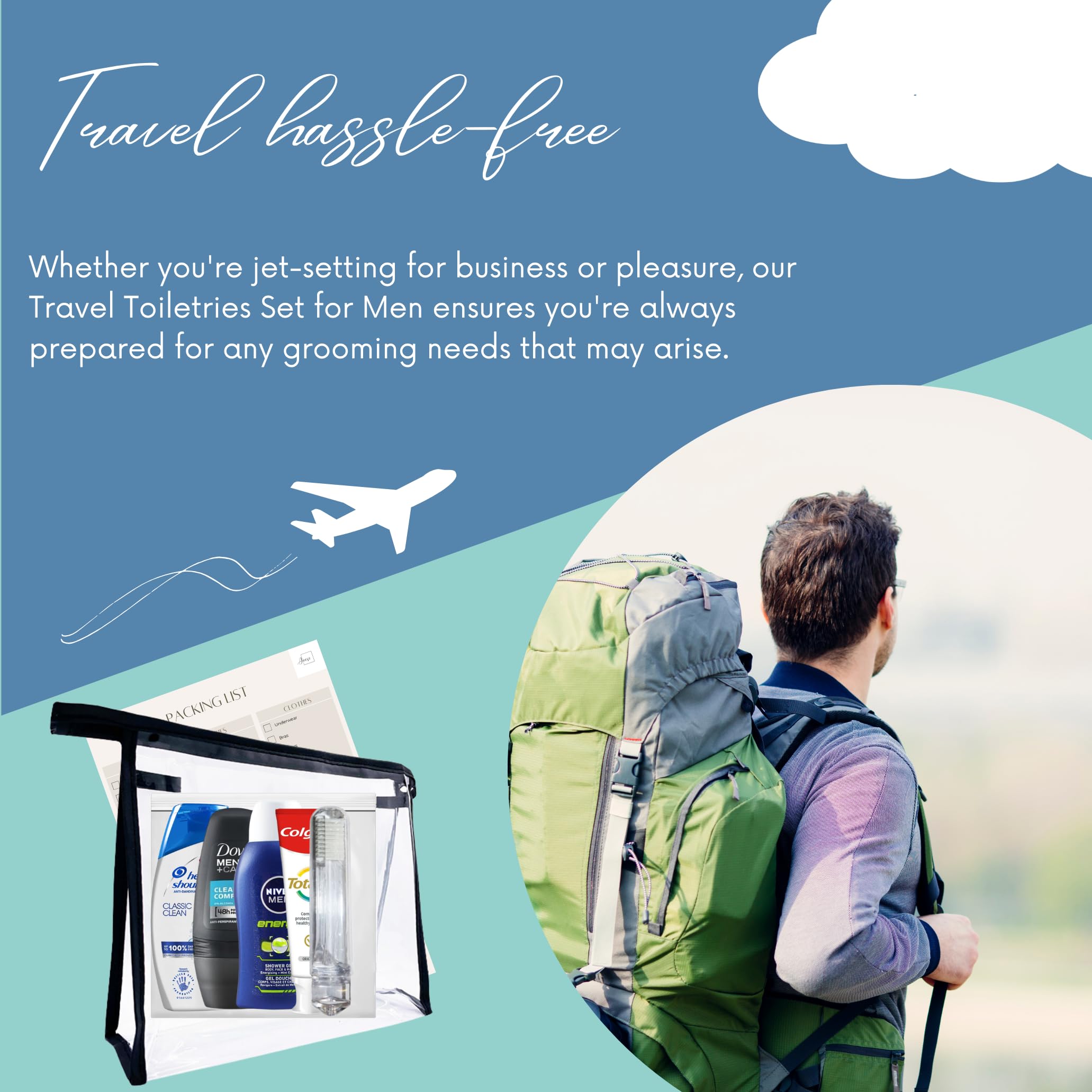 Inese Set di articoli da toeletta da viaggio per uomini, mini articoli da toeletta, set da uomo, liquidi approvati dall'aeroporto di vacanza