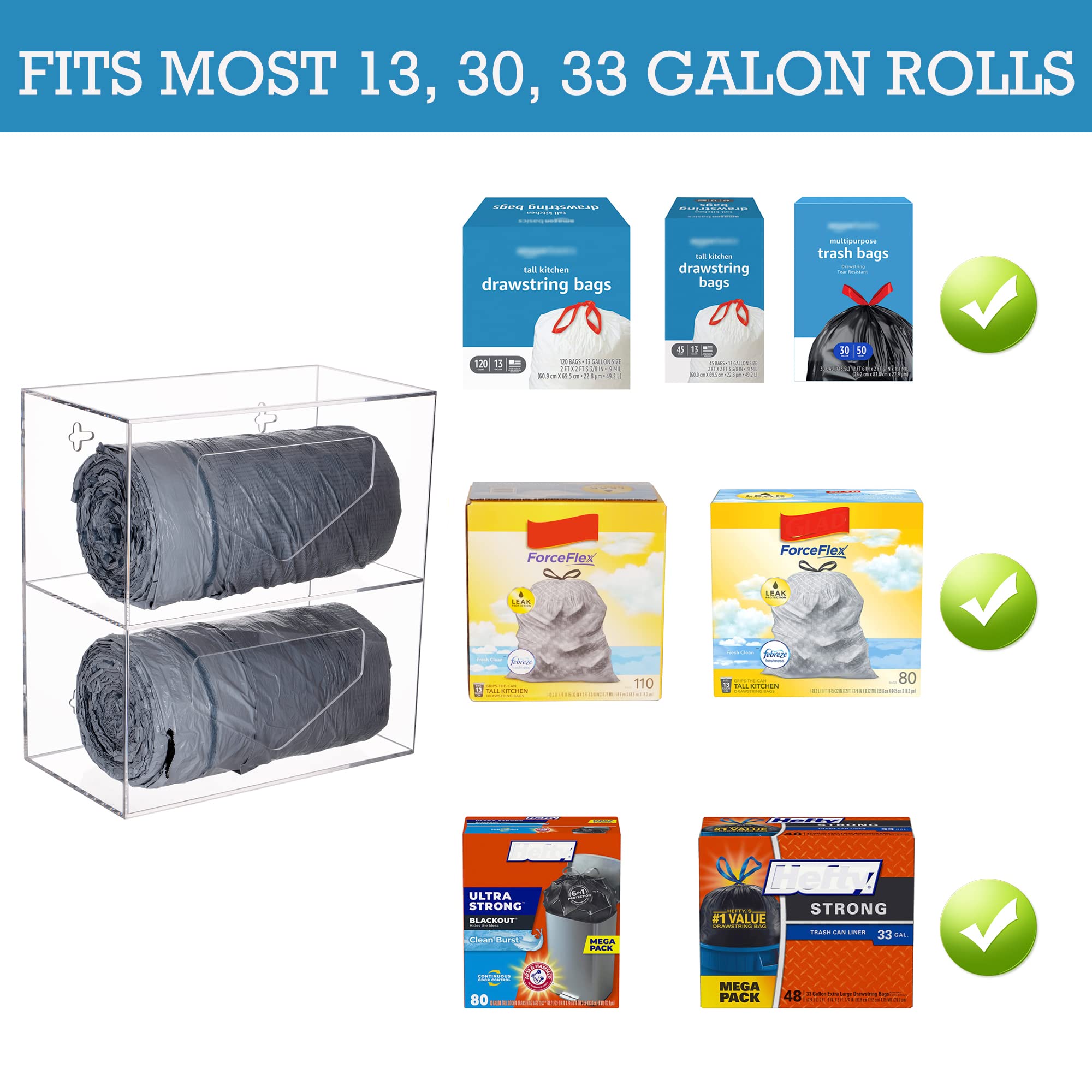 Aphbrada Trash Bag Holder Dispenser with 2 Compartment, Wall Mounted Double Garbage Bag Dispenser Roll Holder Under Sink for Kitchen Cabinet, Acrylic Trash Can Liners Organizer, Clear