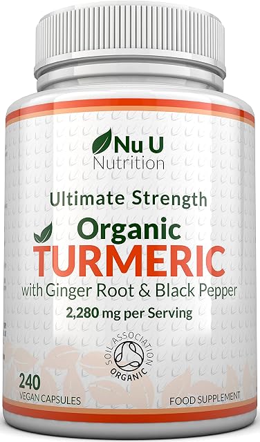 Organic Turmeric Ginger & Black Pepper - 2280mg per Serving - 240 Capsules - High Strength Tumeric Curcumin - Soil Association Certified - 4 Months Supply - Nu u Nutrition
