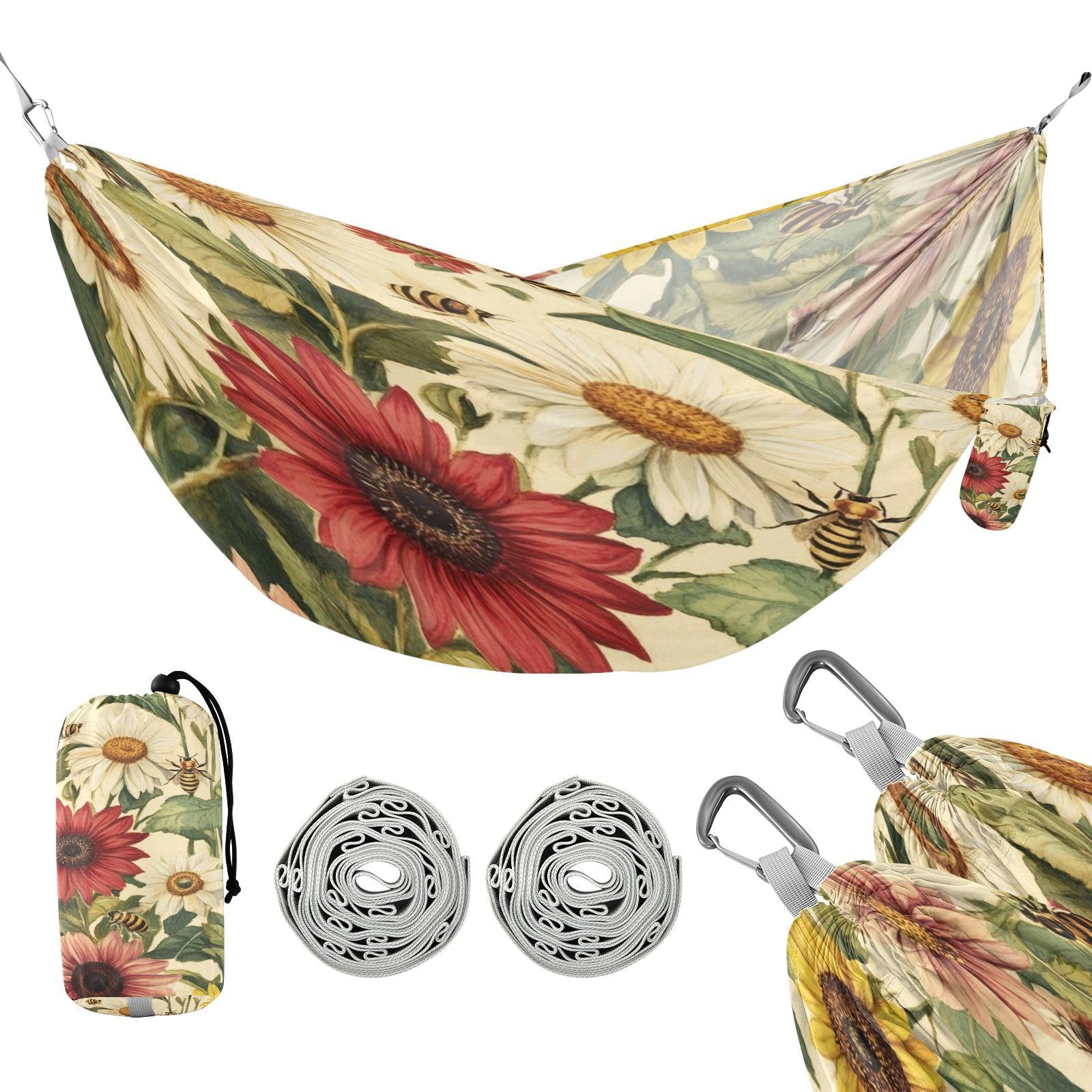 Haskirky Sunflower Flowers Camping Hammock, Single Portable Hammocks with Tree Straps & Attached Carry Bag, 330Lbs Capacity Perfect for Outside Indoor Hiking Beach Backpack Travel