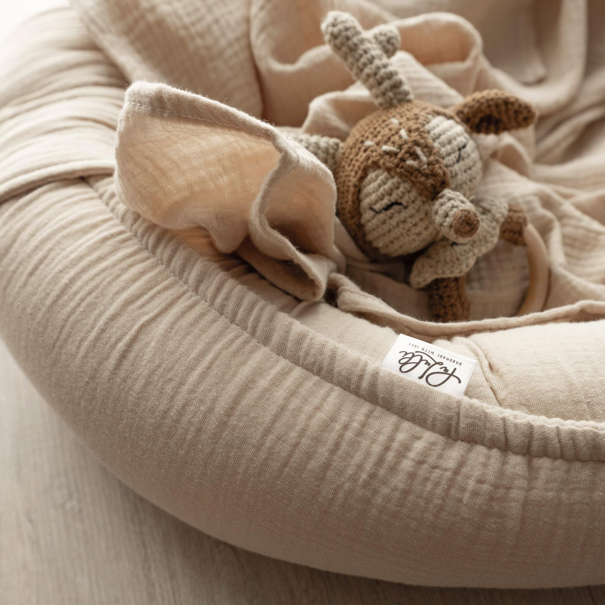 PaLulli Nido per bambini 2 in 1 con coperta per neonati, in 100% mussola di cotone, di alta qualità, 100 x 60 cm, con chiusura in , paracolpi (beige)