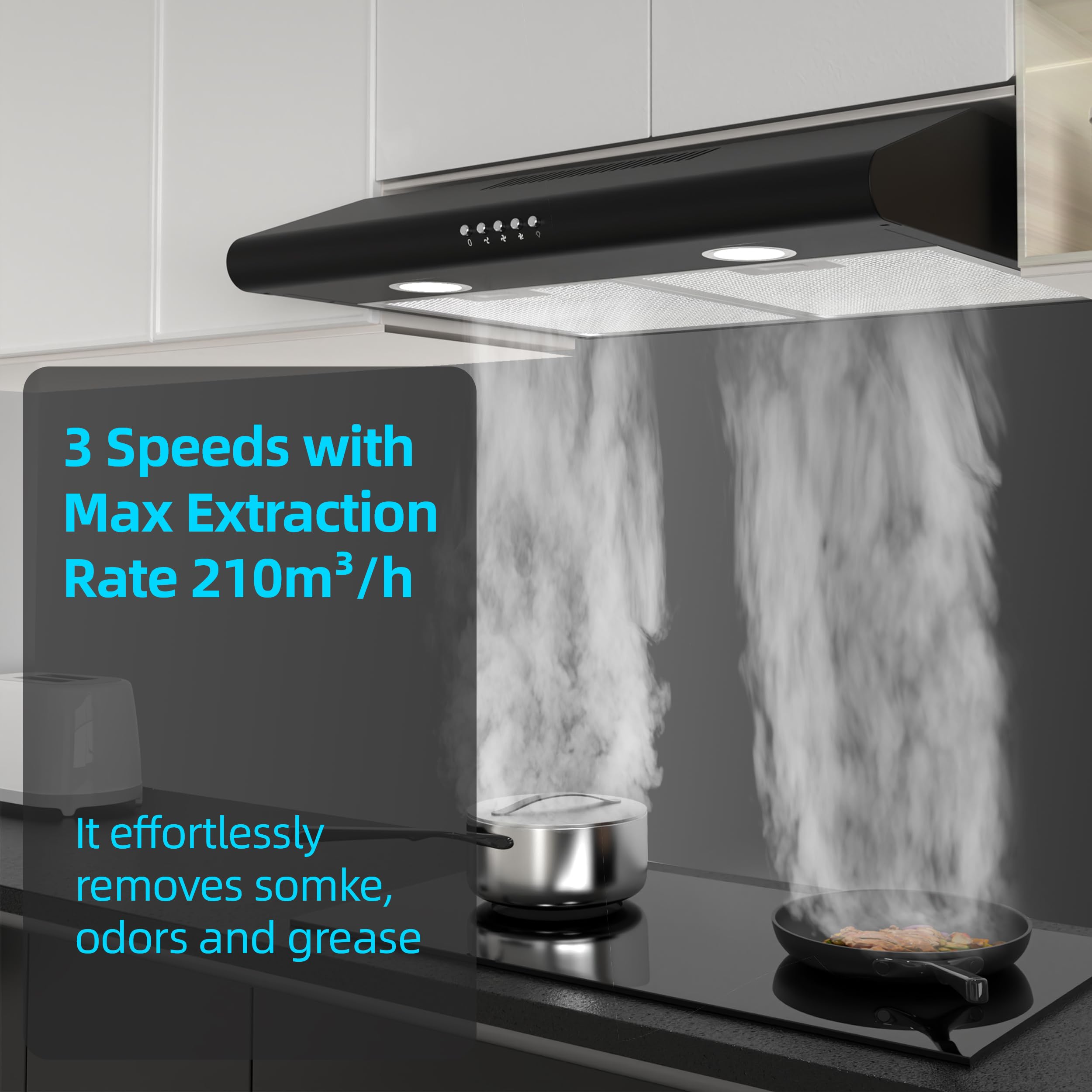 FIREGAS Cappa da incasso 60 cm, cappa aspirante con motore DC senza spazzole, possibile aria, 3 livelli di ventilazione, illuminazione a LED, colore nero