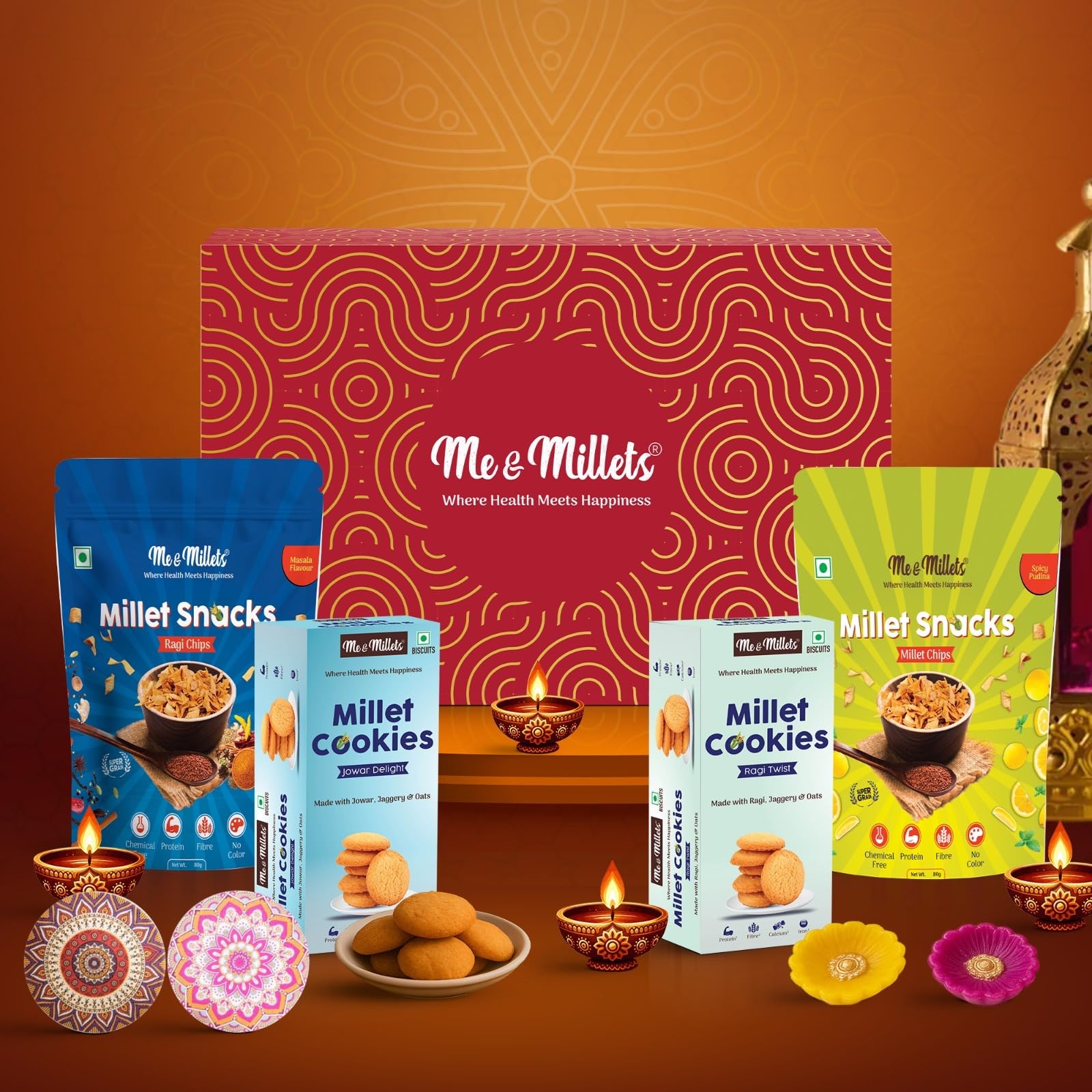 Me & Millets Cookies & Chips Gift Pack | Ragi, Jowar Cookies (75g x1 each) + Pudina, Masala Chips (80g x1 each) | No Maida | Jain Friendly | High Fiber | Diwali Gift for Family, Friends & Corporate-image-9