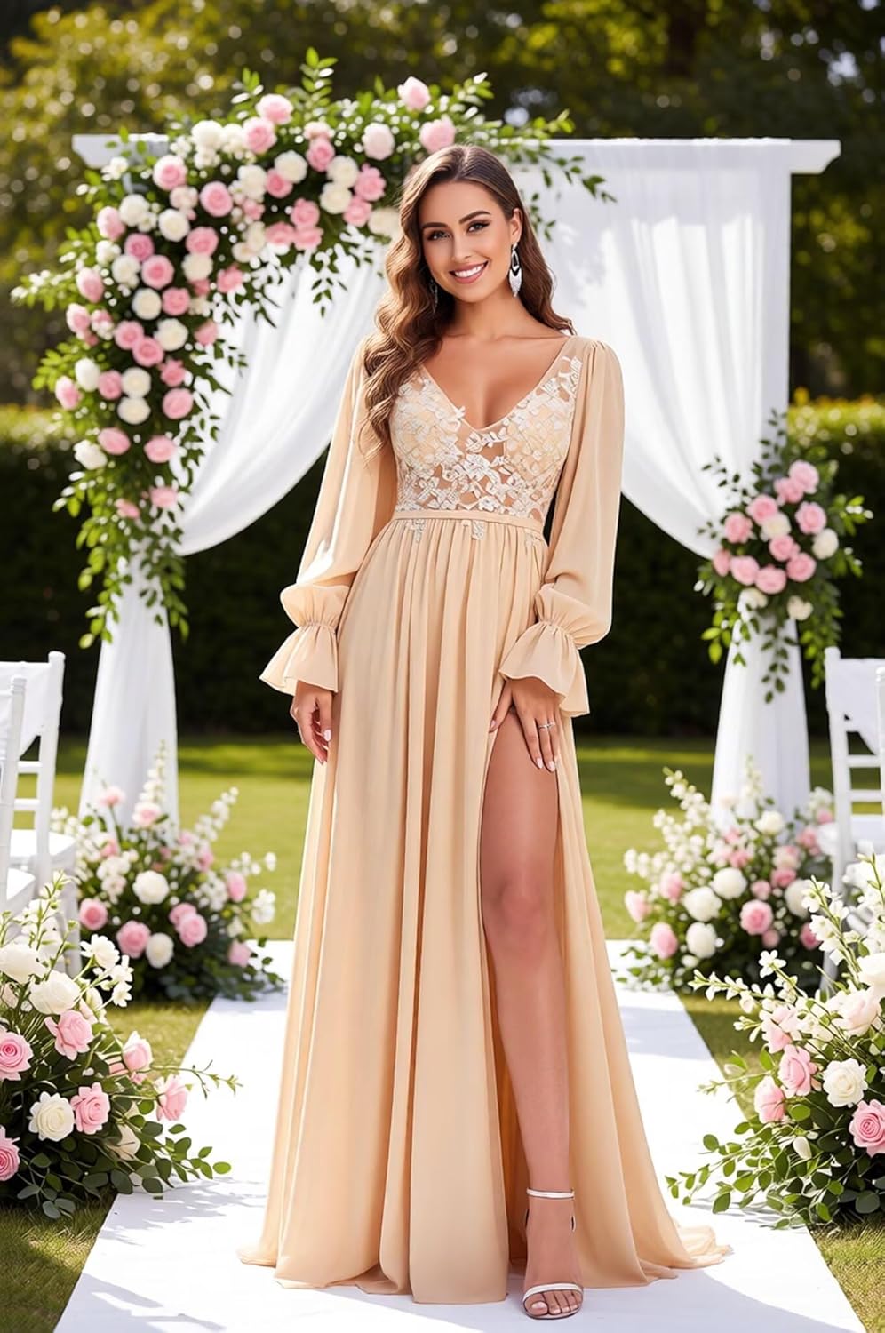 GRILSONTOP Lace Applique Bridesmaid Dresses with Sleeve V Neck Wedding Guest Dress for Women Chiffon Evening Formal Gown