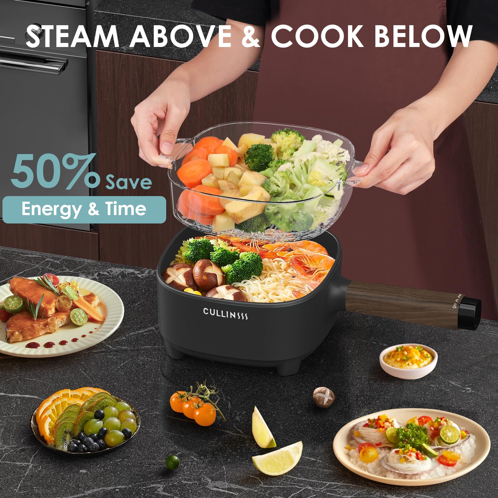 Olla eléctrica de 2 litros con vaporizador, olla eléctrica portátil con revestimiento antiadherente de panal mejorado para dormitorio, oficina, viajes, olla multicocina para ramen, sopa, 6