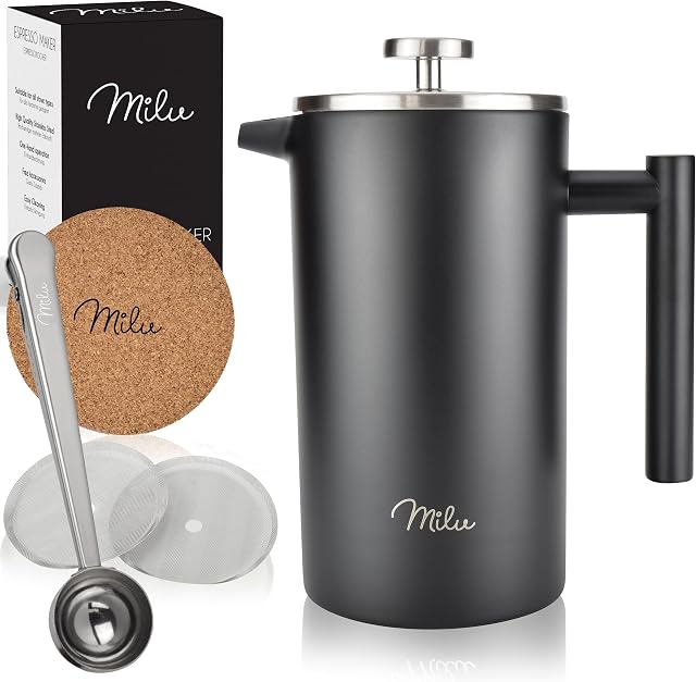 Milu French Press zaparzacz | 350ml 600ml 1L | stali nierdzewnej, francuski zaparzacz do kawy homgeek Cafetière (Czarny, 350ml (2 Filiżanki)