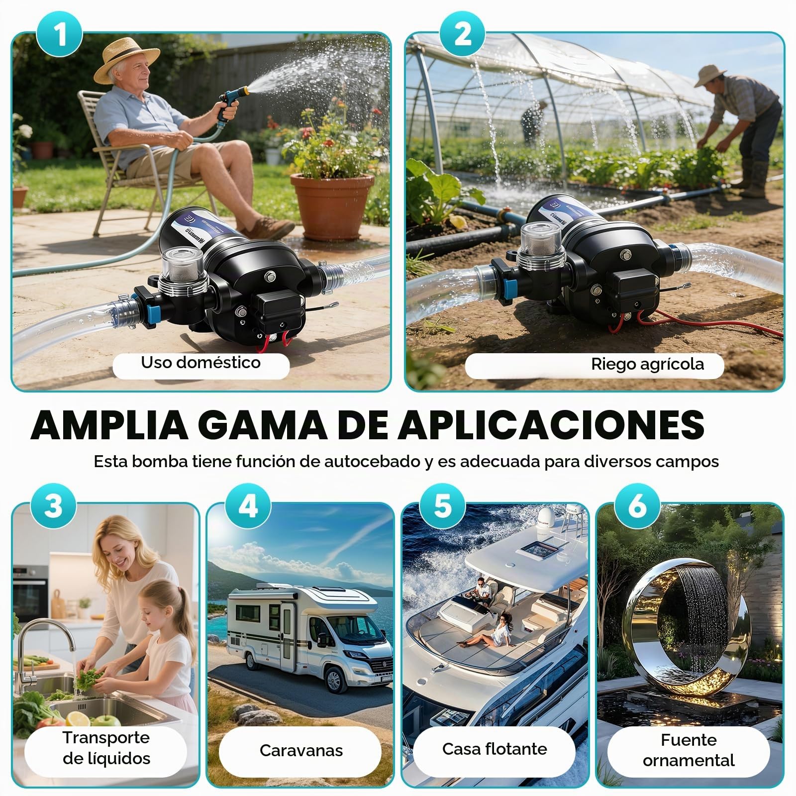 Bomba de agua de 12 V, 17 l/min, 3,1 bar, bomba de membrana autocebante con interruptor de presión robusto y filtro de aspiración para caravanas, barcos, lavado, riego, circulación