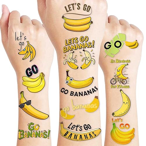 Banana Temporary Tattoos 8 Sheets 96PCS Yellow Banana Party Decorations