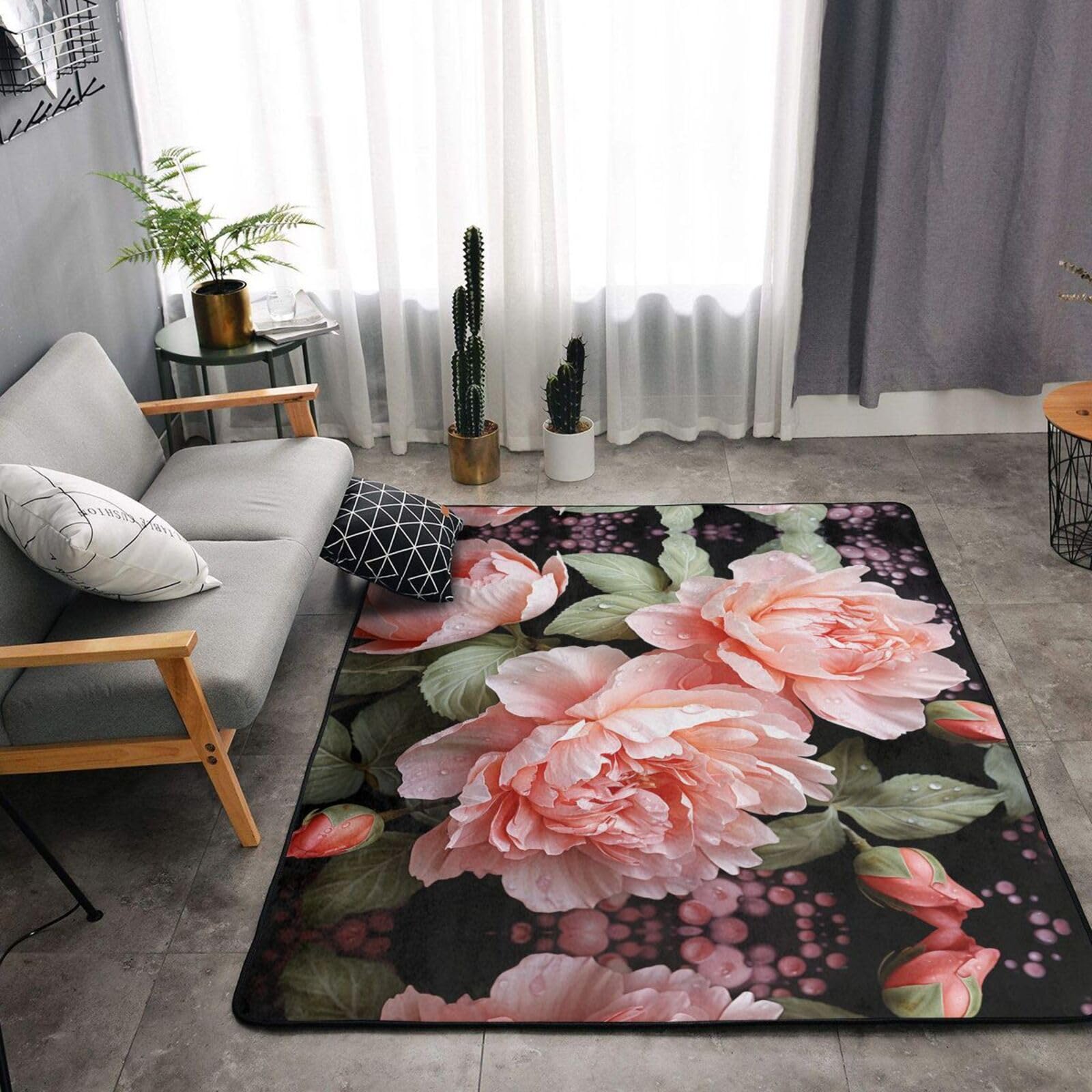 Felpudo antideslizante de franela con diseño de flores de peonía, 160 x 122 cm, para puerta delantera y trasera, para interiores y exteriores