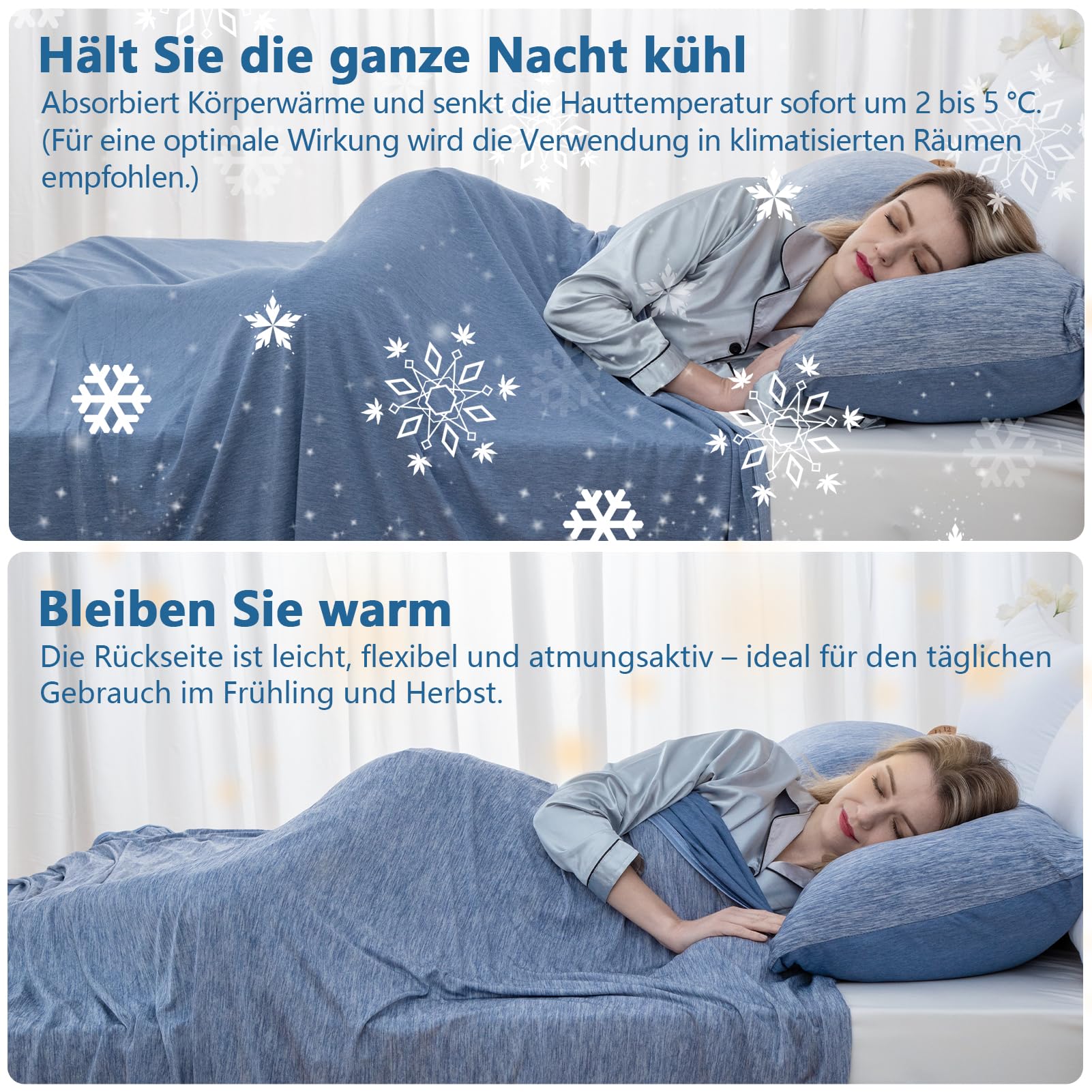 Kühldecke gegen Nachtschweiß Q-Max >0,45 Seidig weiche, atmungsaktive Sommerdecke für Wechseljahre & Hitzewallungen | Leichte, hautfreundliche Wohndecke für Bett, Couch & Reisen,Blau,228 x 274 cm