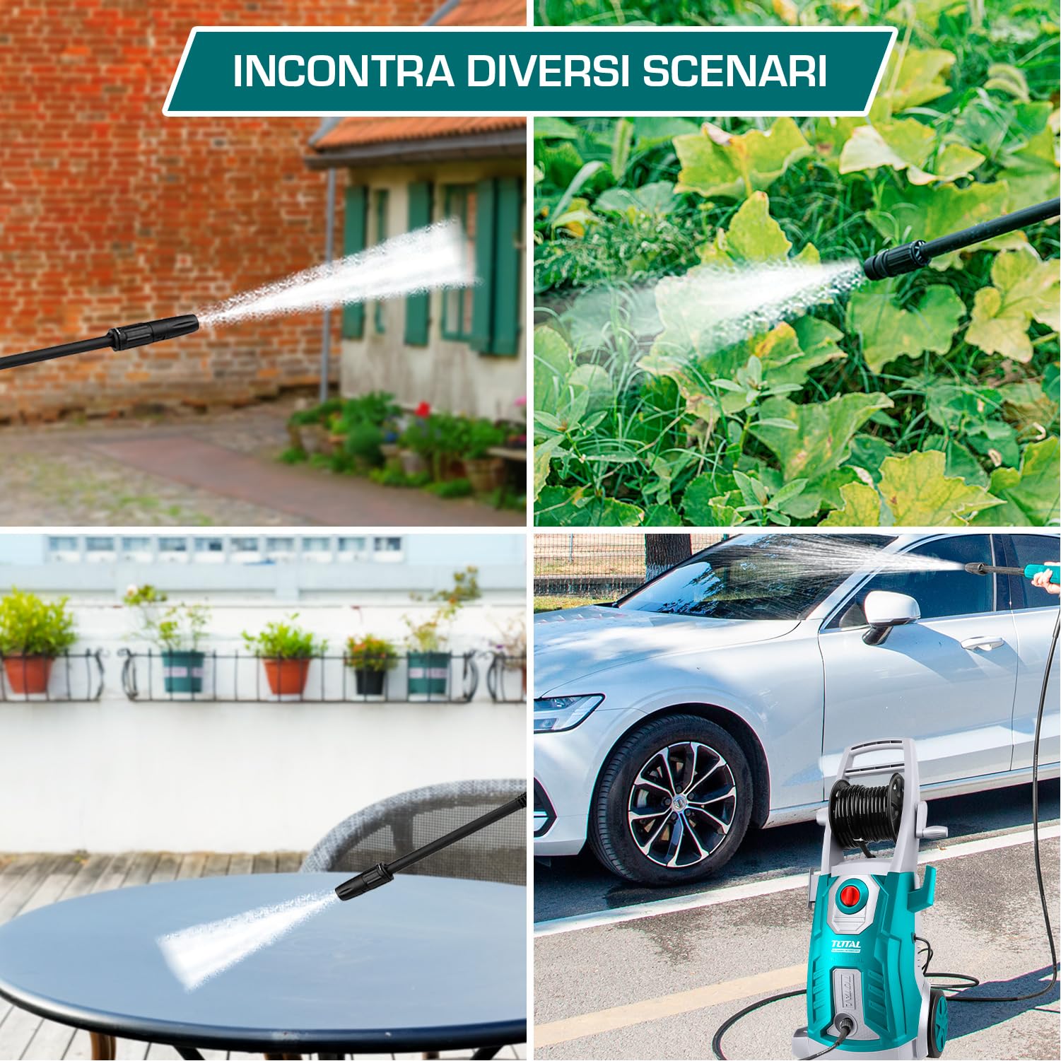 TOTAL – Hidrolimpiadora a Presión - 160 Bar, 6,7l/min y 2500 W - Auto Parada - Incluye: Pistola Pulverizadora y Botella para Detergente - Azul