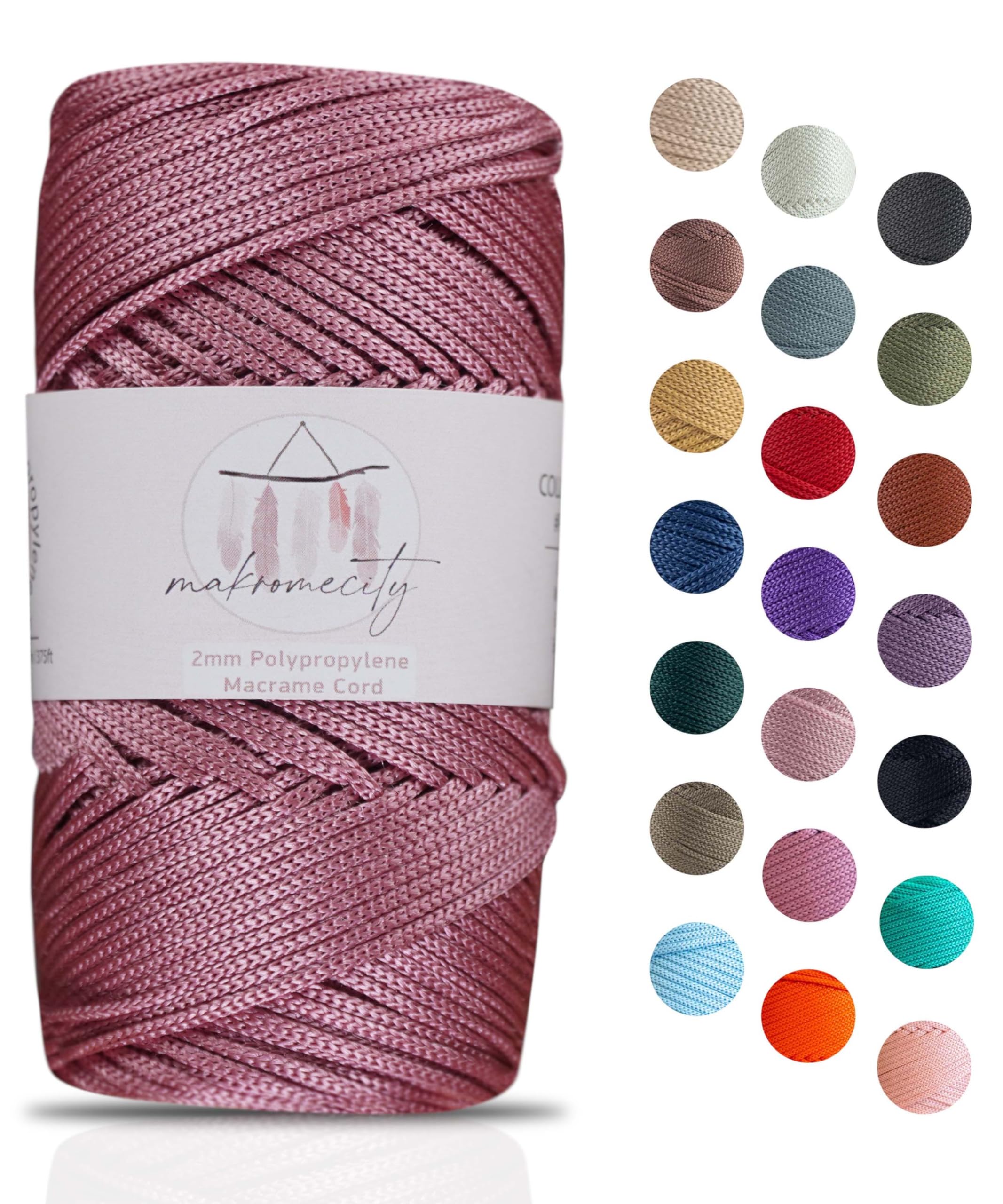 Makromecity, Polyester Macrame Cord 2mm x 125 Yards (375 feet) 2mm Polypropylene Macrame Cord Crochet Macrame Bag Cord Crafts for Wall Hangings, Bags, Underplate, Rug (1, Dusty Rose)