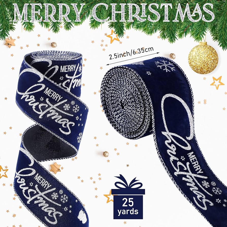 2 Rolls Christmas Wired Ribbon Red Green Navy Blue Ribbon Merry