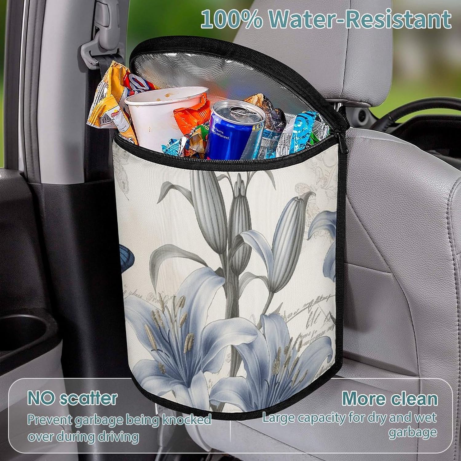 Hanging Car Trash Bag Blue Flower Printed Car Garbage Storage Bag Leakproof Car Trash Can Portable Garbage Storage Bags