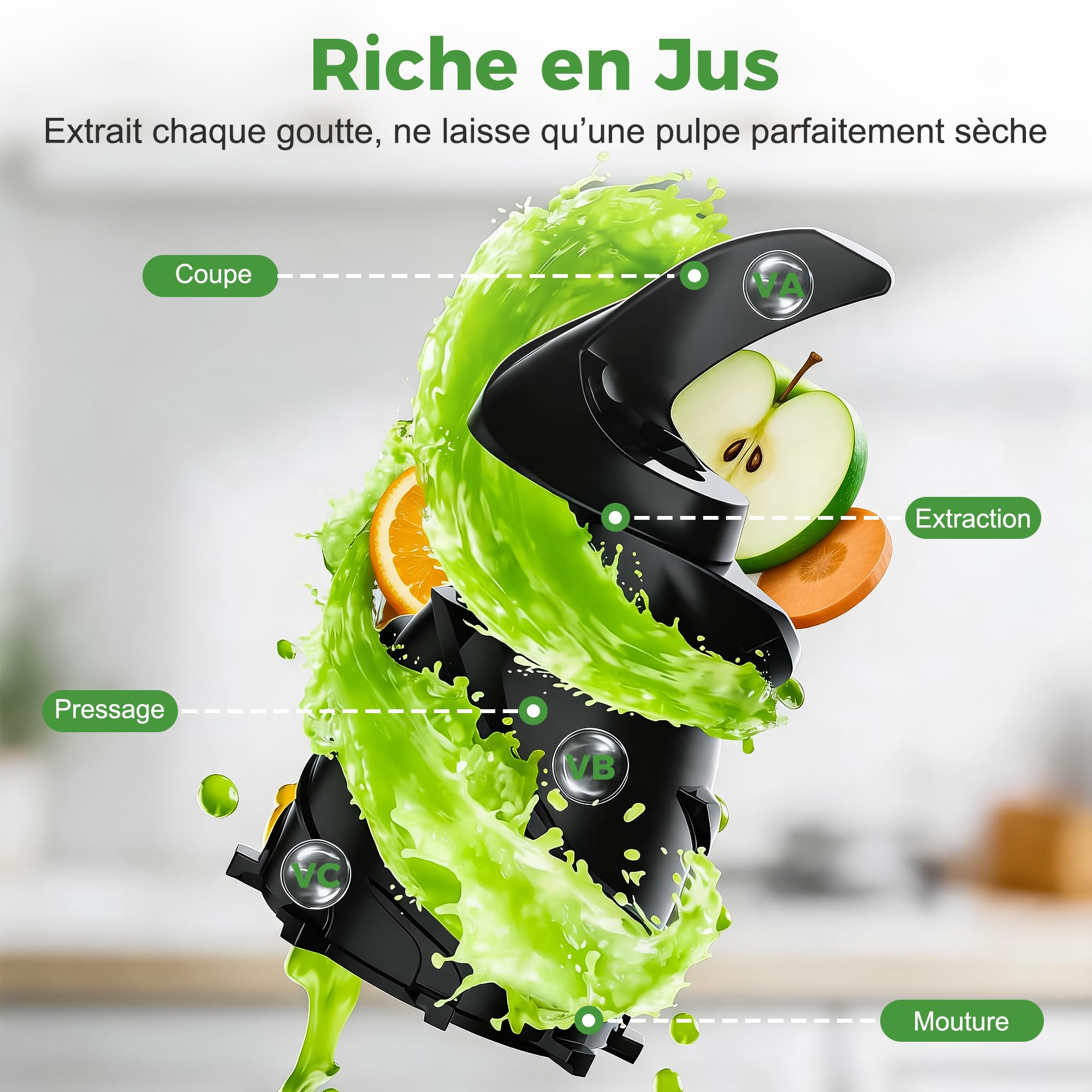 YASHE Extracteur de Jus Lent 300W, Goulotte 148 mm pour Fruits et Légumes Entiers, Slow Juicer avec Fonction Inverse, Moteur Silencieux, Sans BPA, Nettoyage Facile