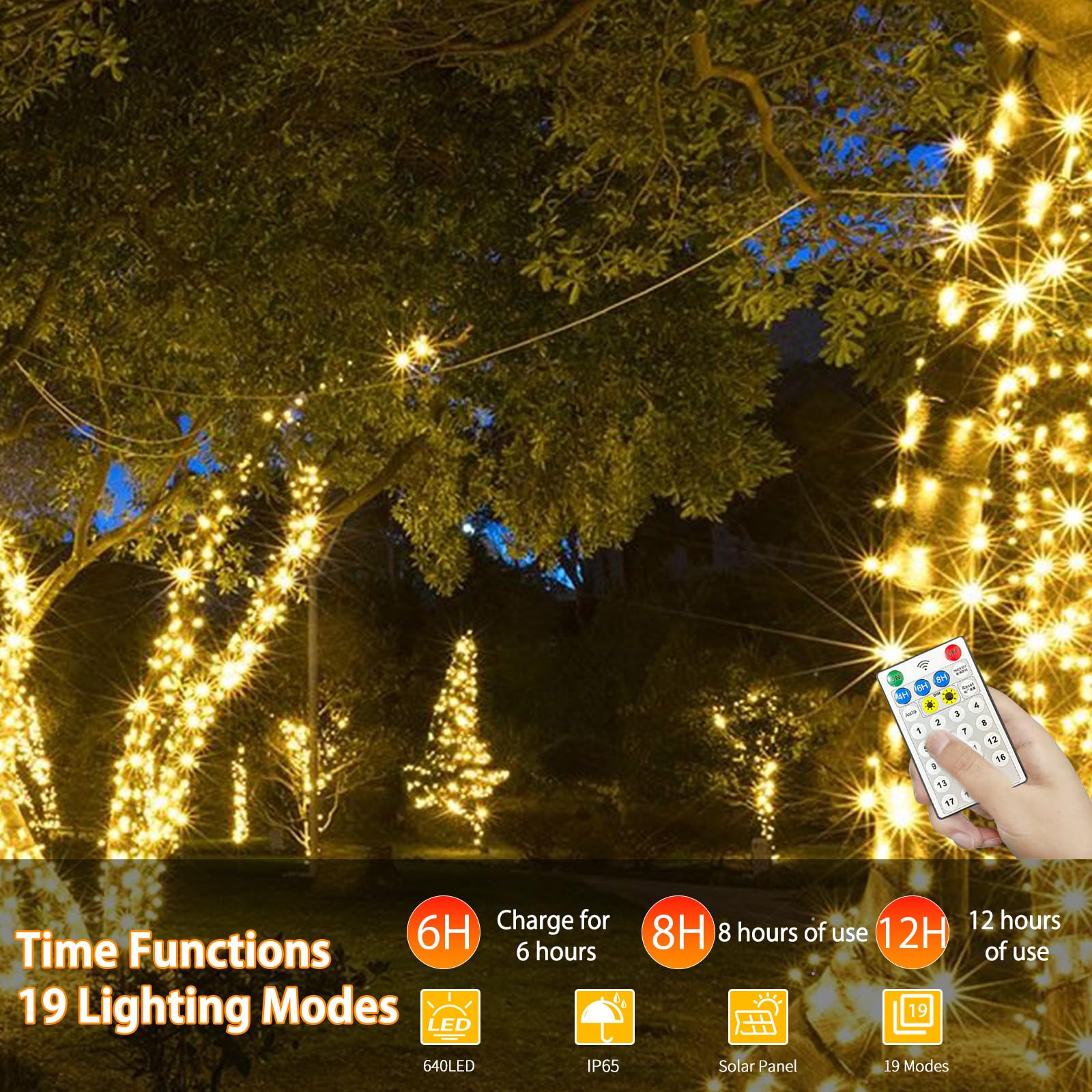 SOLARBABY Luci Natale Esterno Solare,66m 640 LED Catena Luminosa Esterno Solare Impermeabile con Telecomando,19 Modalità Luci Esterno Energia Solare Decorative per Giardino Patio,Bianco Caldo