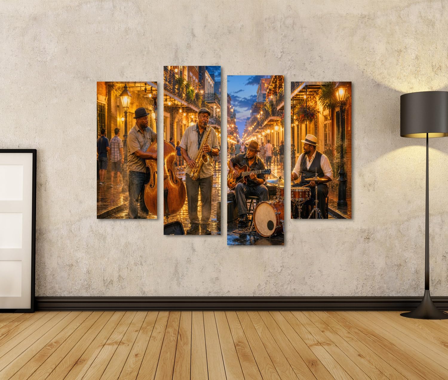 islandburner Quadro su tela con vivace serata jazz, per soggiorno, perfetto per gli amanti della musica, 4 pezzi