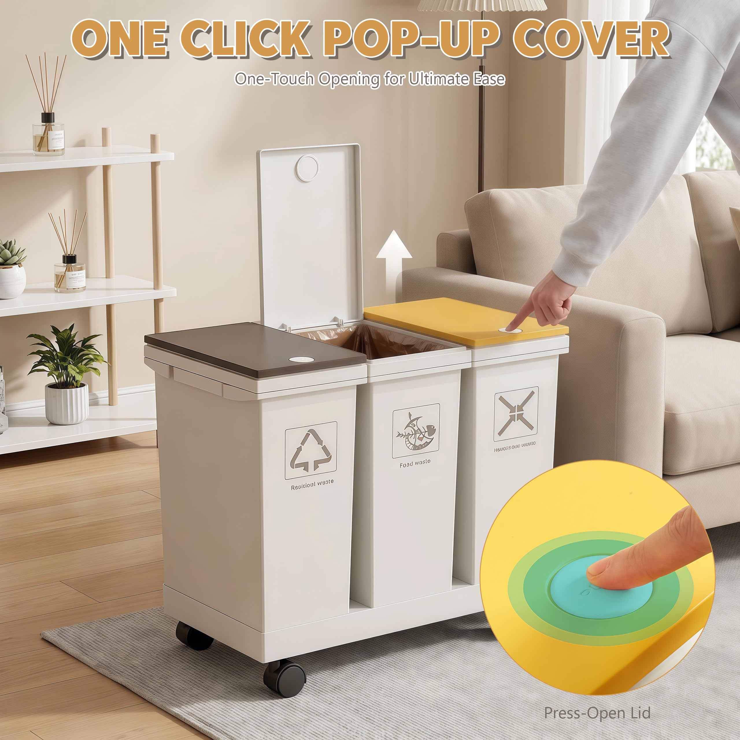 Mobiles Mülleimer Küche 3 x 12 L mit Rollen Mülltrennsystem 3 Fächer | mit Druckdeckeln für Zuhause und Büro Abnehmbarer Trash Can für Küchenabfälle Plastik Papier und Glas