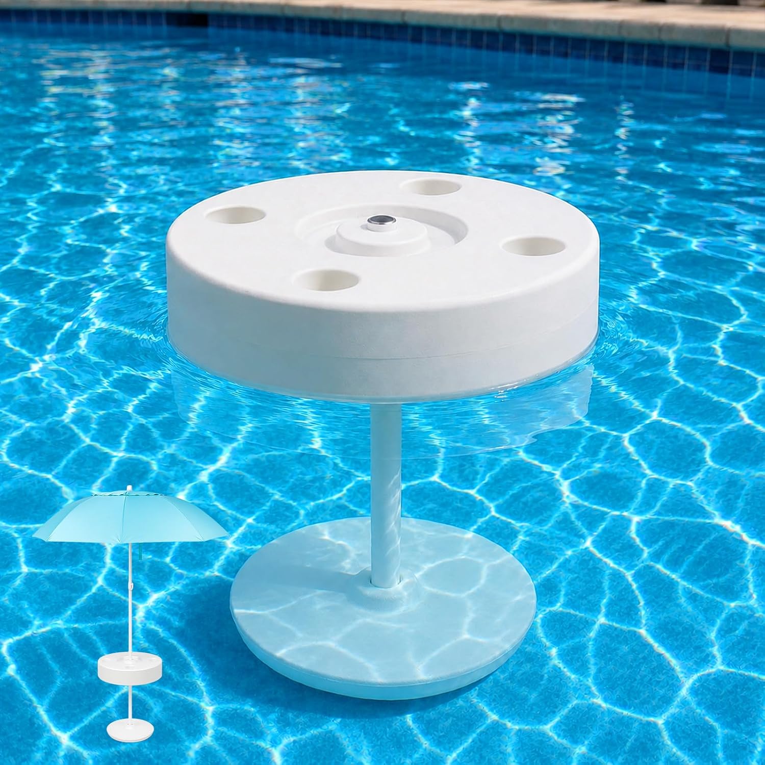 Briwooody Floating Pool Umbrella Stand with Table, Portable Shade Base Holder with Weighted Base and 4 Cup Holders, Pool Sunshade Support for Pools and Hot Tubs (Umbrella Not Included)