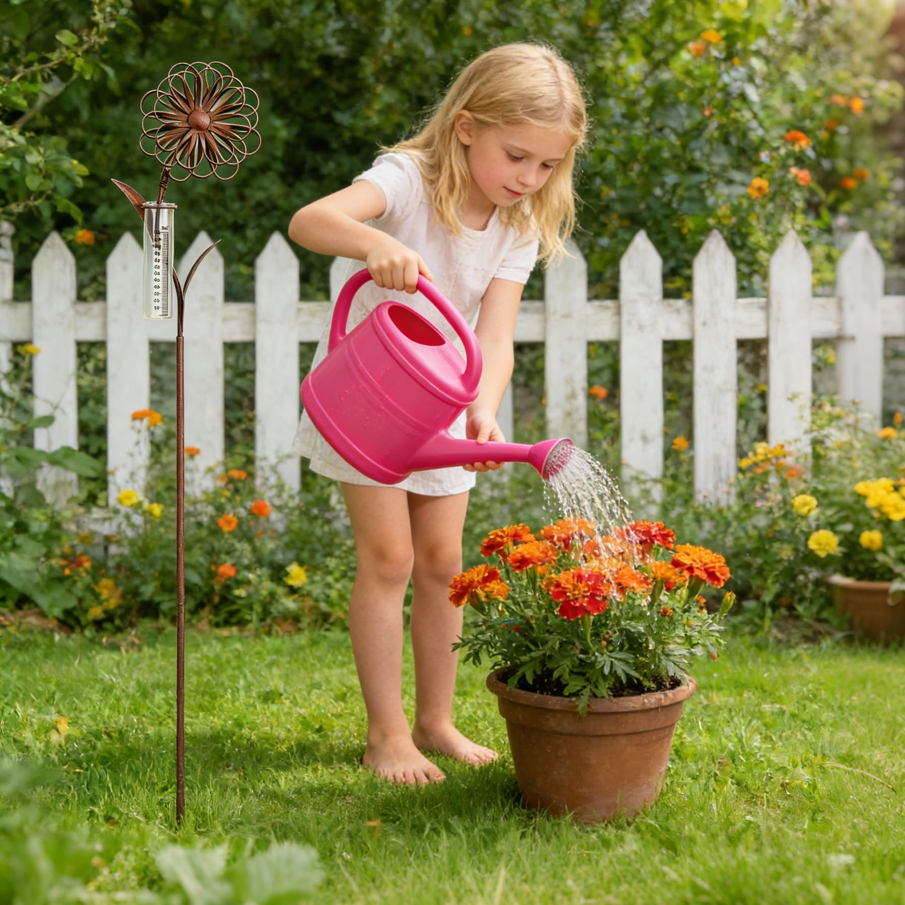 JUJOYBD Regenmeter voor tuin vorstbestendig met stok, Decoratieve neerslagmeter H 110 cm, Regenwatermeter glas op tuinsteker, Bloemenversiering weerbestendige decoratie voor balkon terras