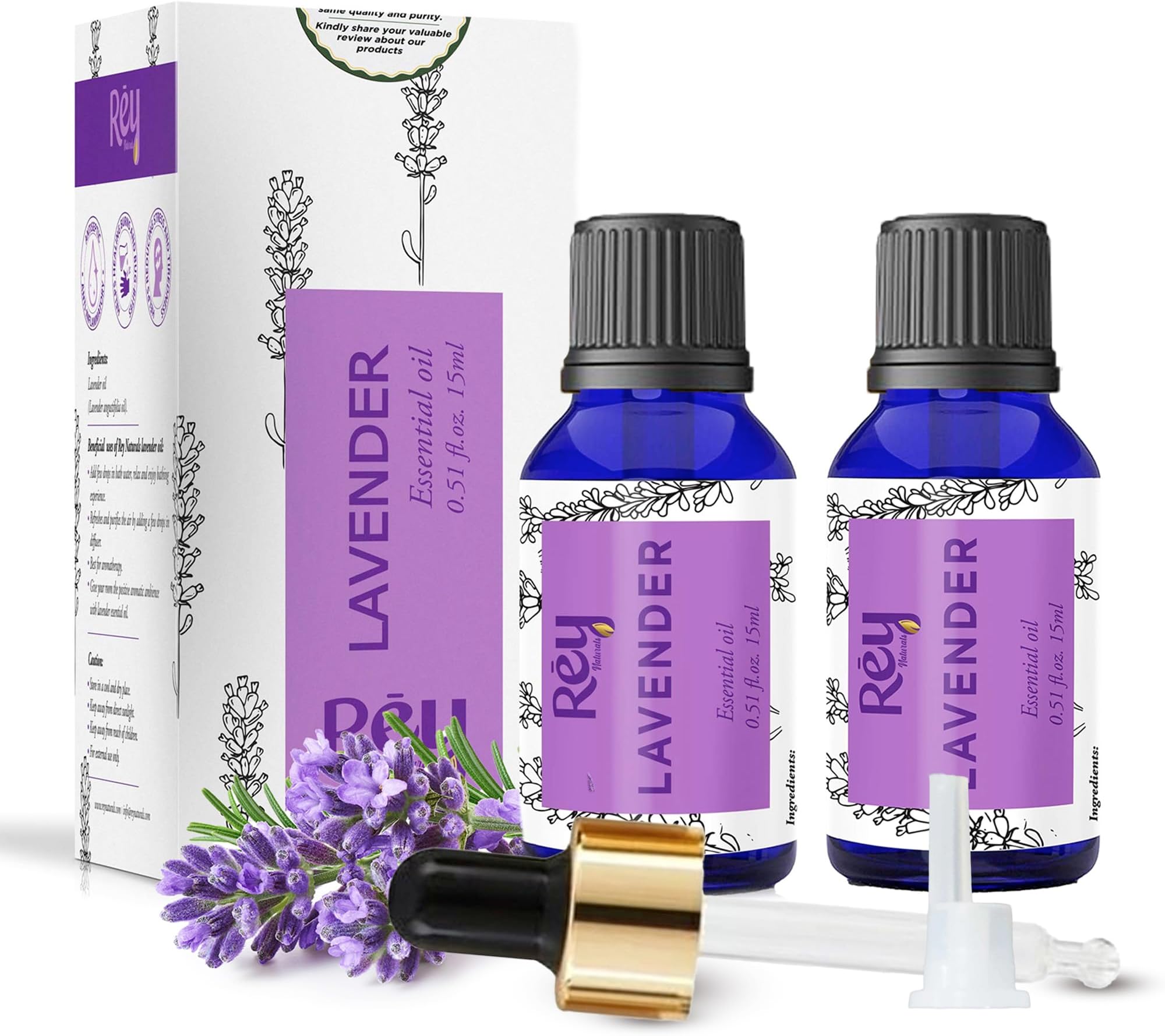 Rey Naturals Lavender Essential Oil - Pure Natural - Healthier Skin and Hair - Calming Bath or Massage for Restful Sleep - Diffuser-Ready for Aromatherapy - 30 ml (15 ml x 2) super saver combo …